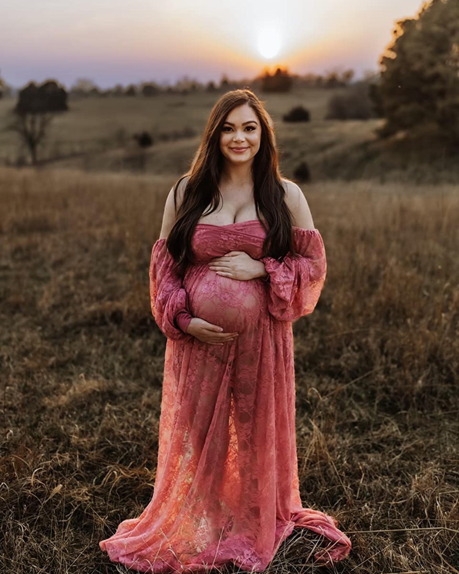 Saslax Lace Off Shoulder Doubly Split A-line Skirt Maternity Dress