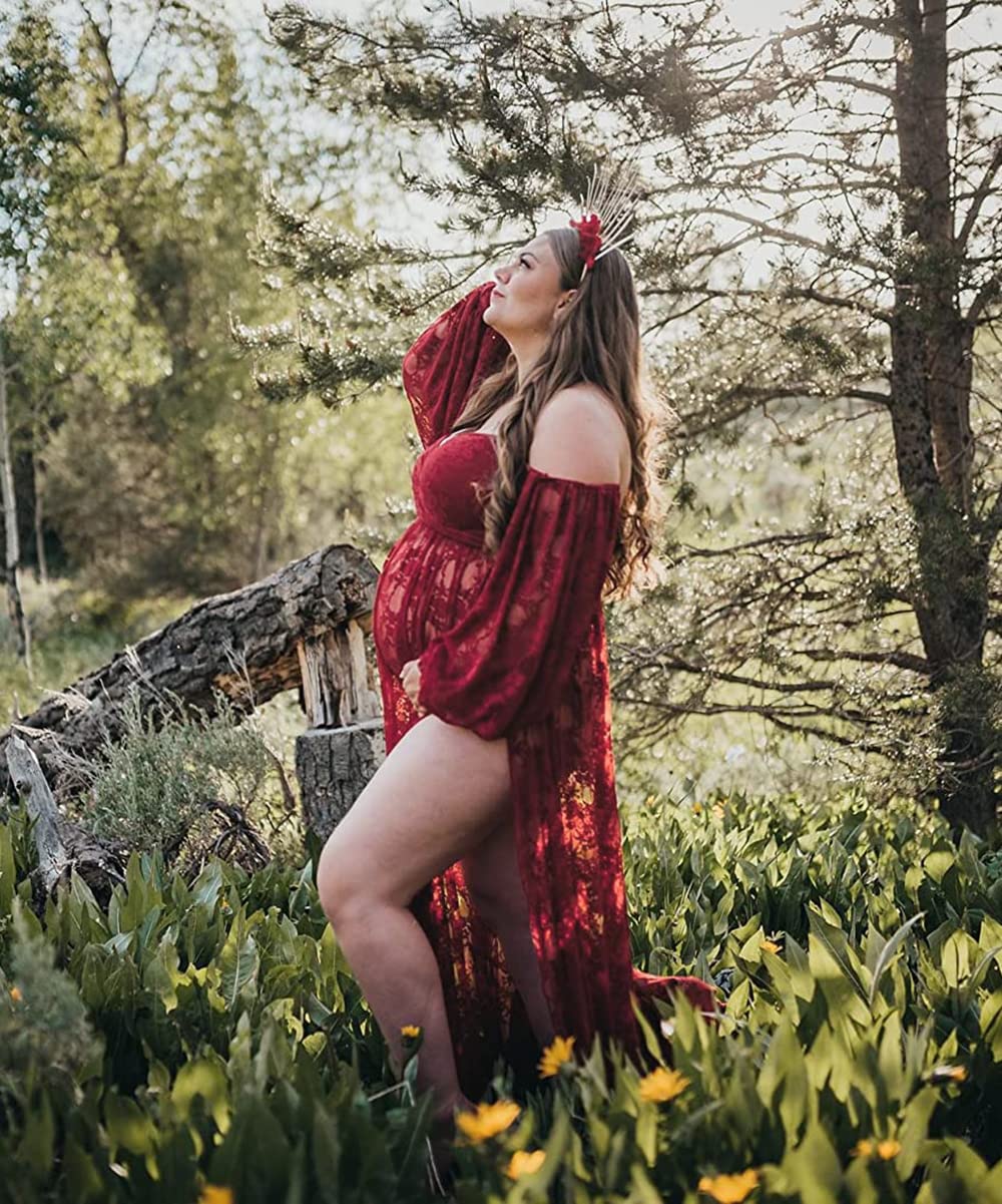 Saslax Lace Off Shoulder Doubly Split A-line Skirt Maternity Dress