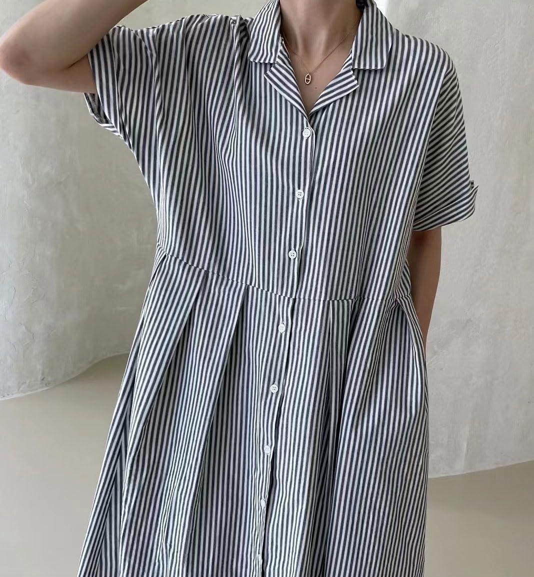 Chouyatou Women's Cotton Striped Shirt Dress Button Up Short
