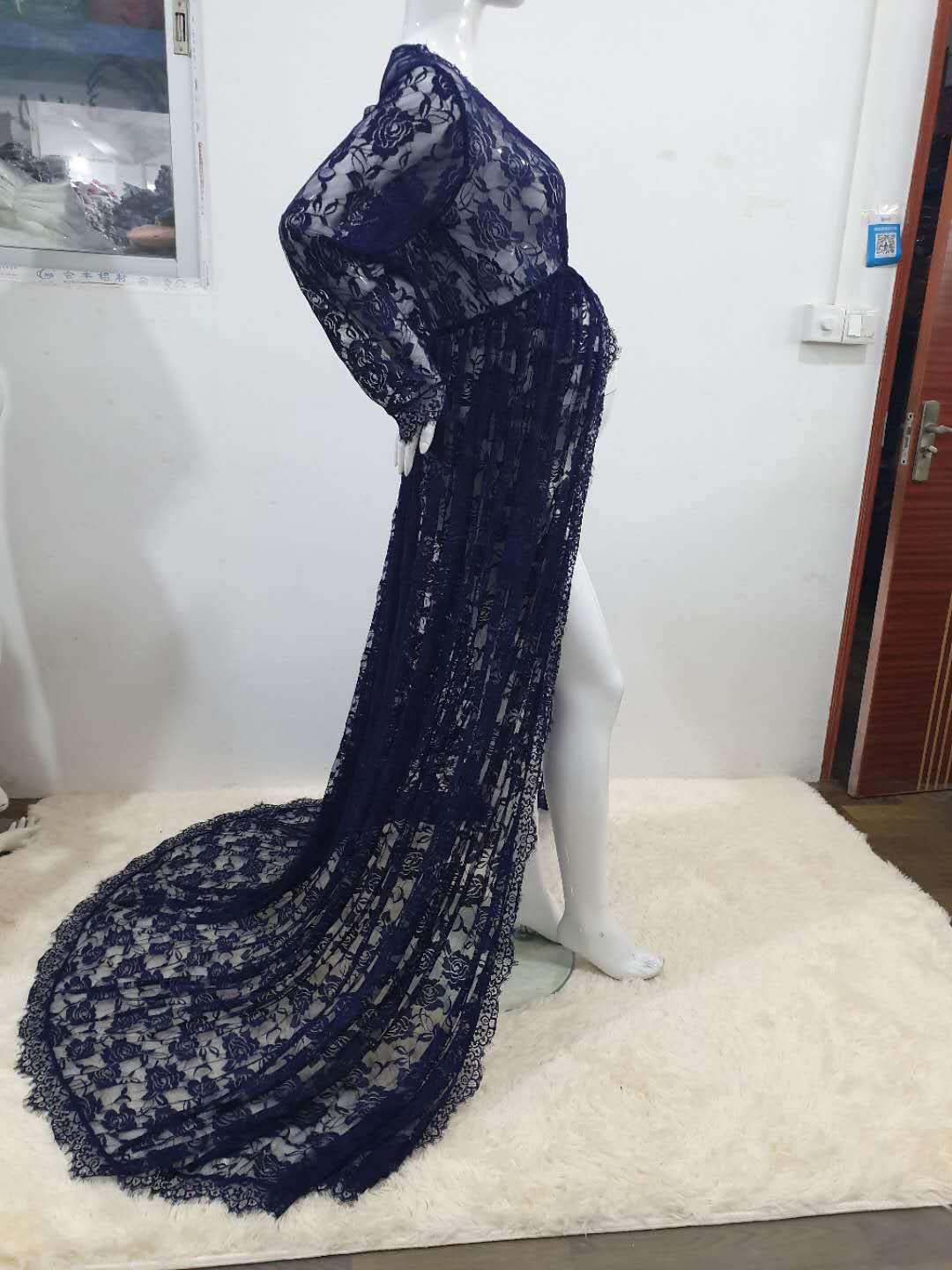 ZIUMUDY Maternity Deep V-Neck Split Front See-Through Maxi Lace Dress