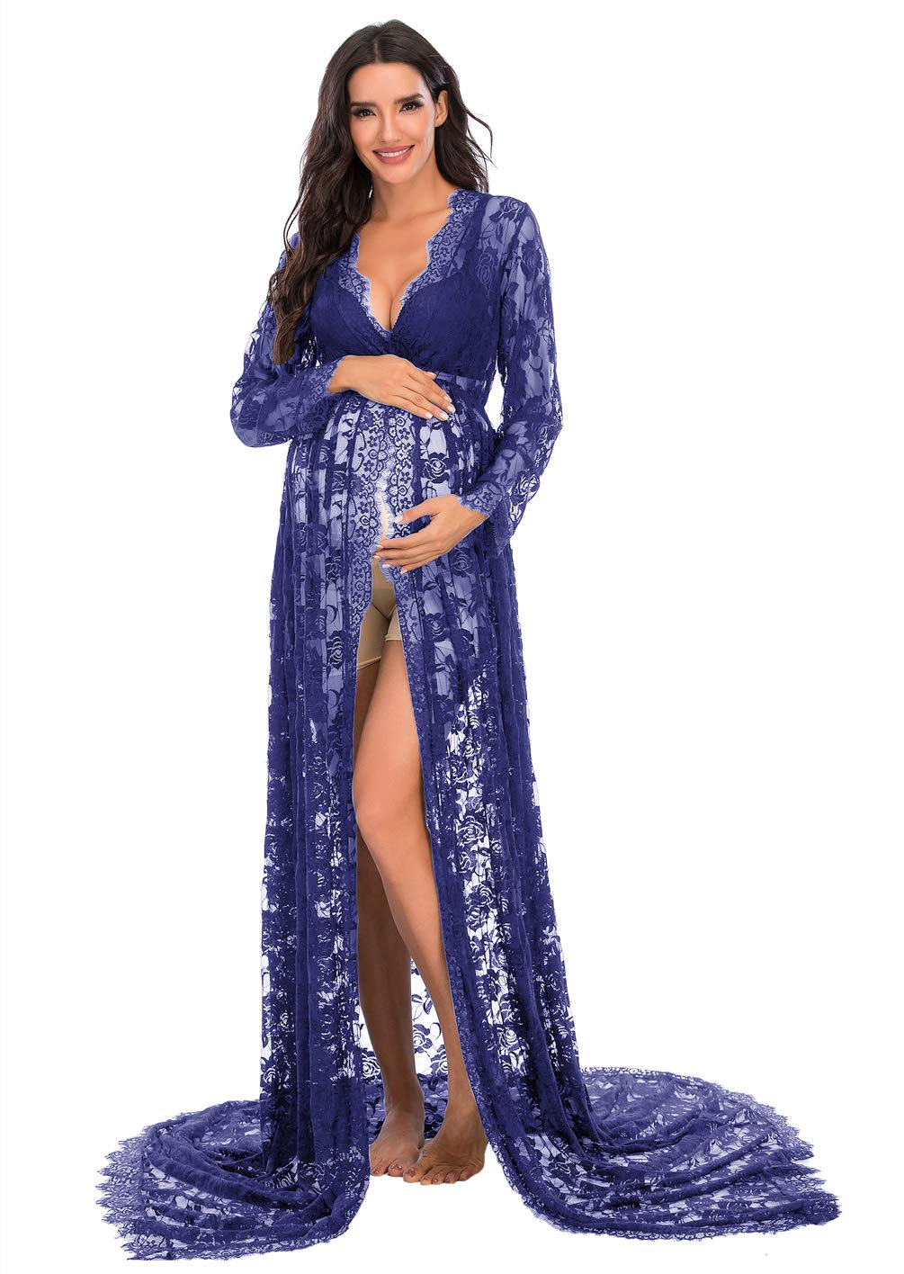 ZIUMUDY Maternity Deep V-Neck Split Front See-Through Maxi Lace Dress