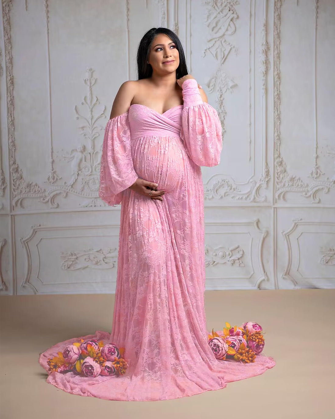 Saslax Lace Off Shoulder Doubly Split A-line Skirt Maternity Dress