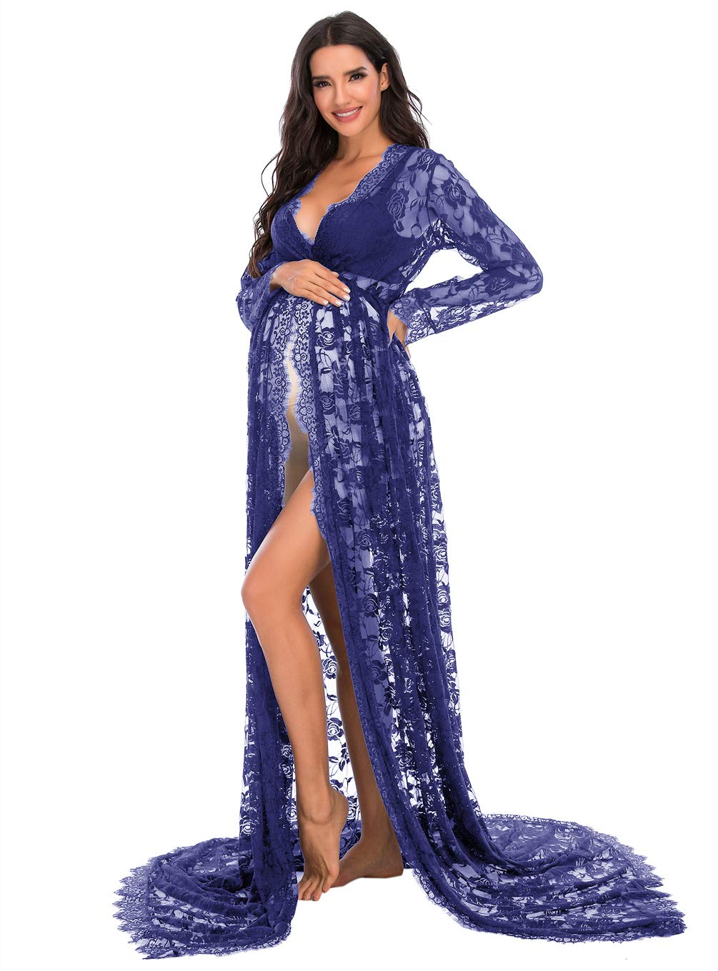 ZIUMUDY Maternity Deep V-Neck Split Front See-Through Maxi Lace Dress