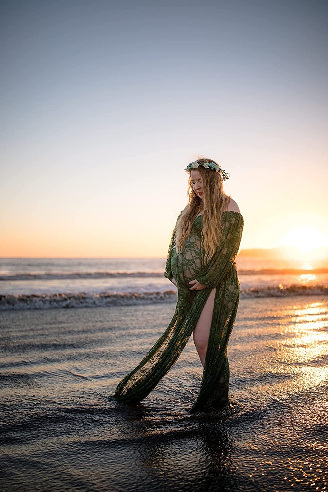 Saslax Lace Off Shoulder Doubly Split A-line Skirt Maternity Dress