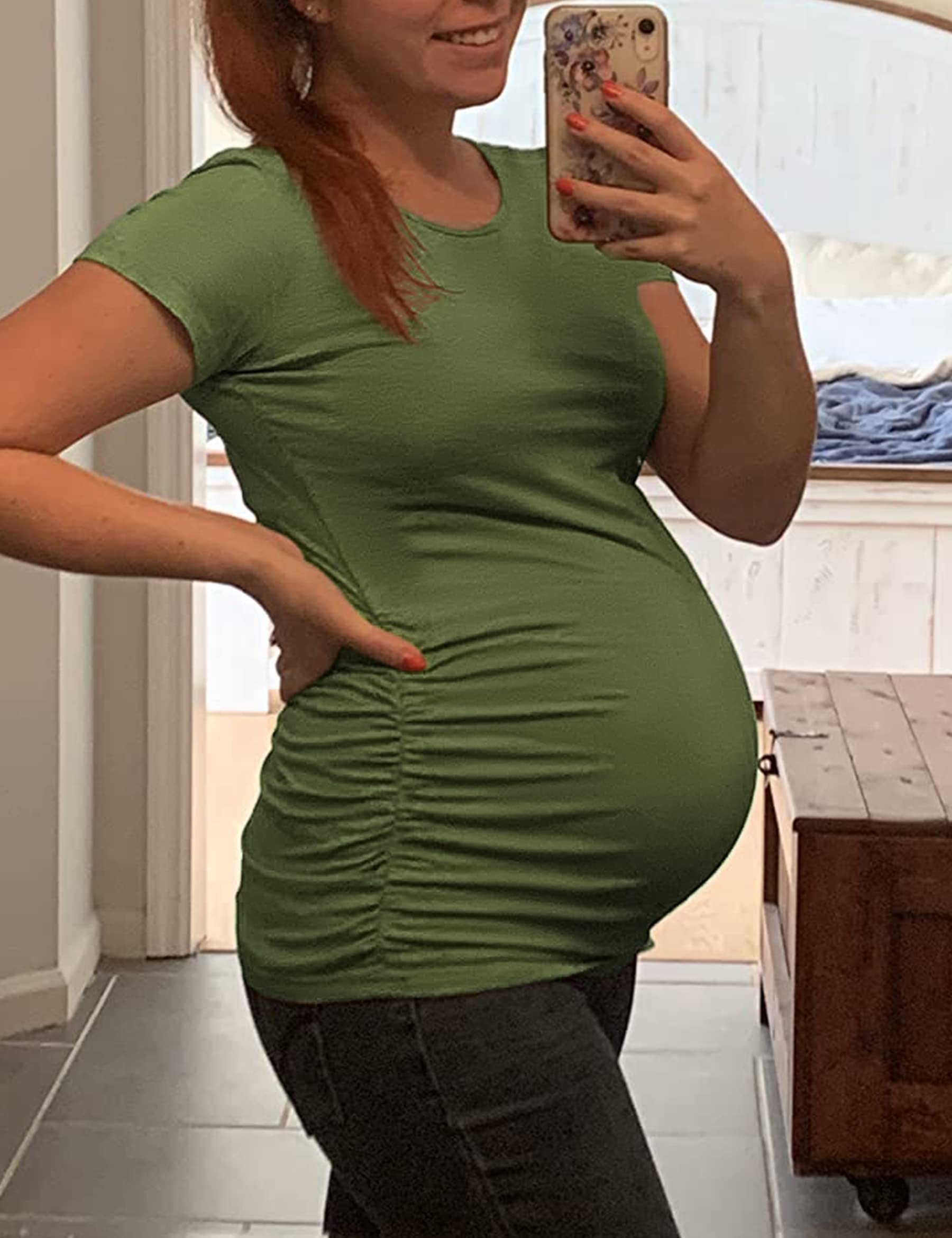 Peauty White Maternity Tops  for Women Side Ruched T Shirts