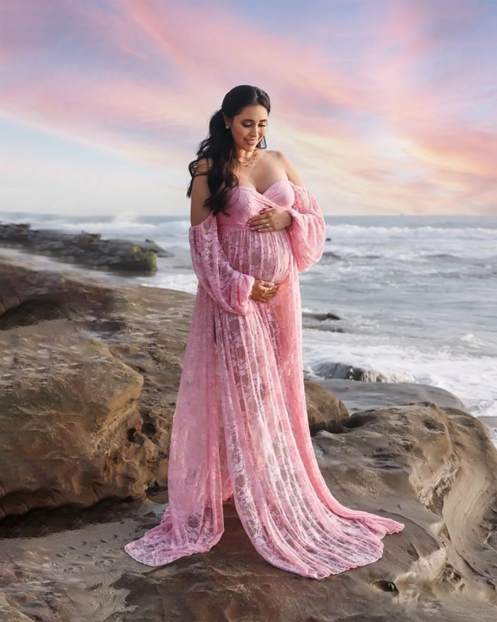 Saslax Lace Off Shoulder Doubly Split A-line Skirt Maternity Dress