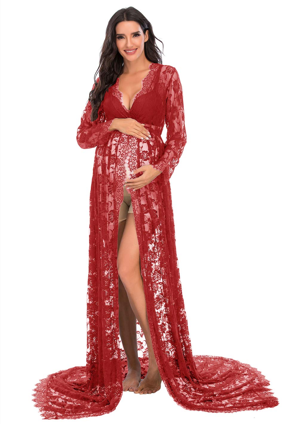 ZIUMUDY Maternity Deep V-Neck Split Front See-Through Maxi Lace Dress