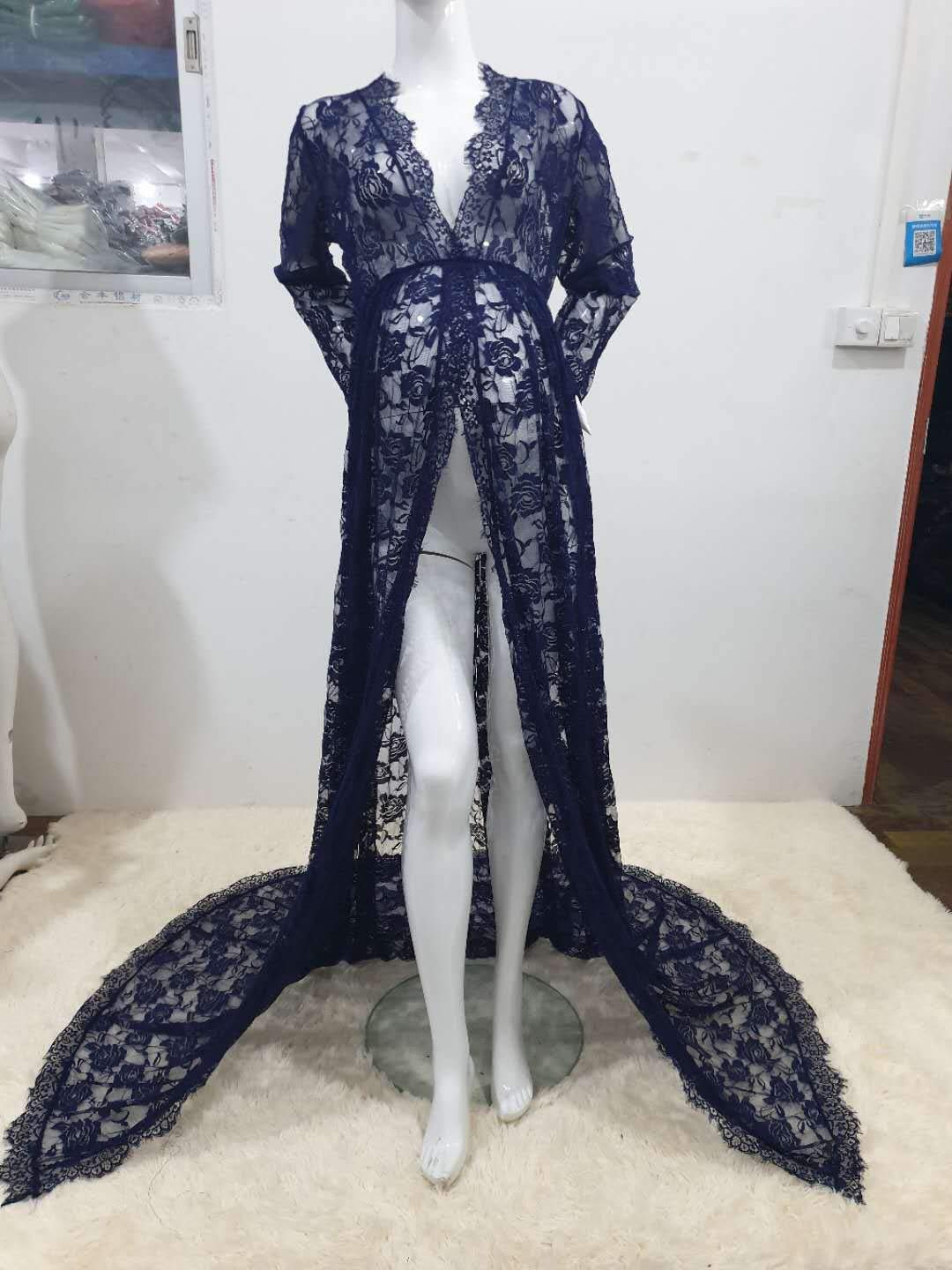 ZIUMUDY Maternity Deep V-Neck Split Front See-Through Maxi Lace Dress