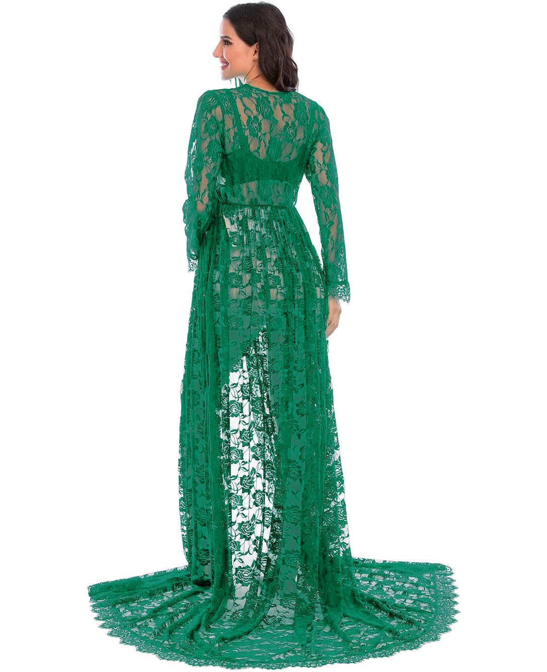 ZIUMUDY Maternity Deep V-Neck Split Front See-Through Maxi Lace Dress