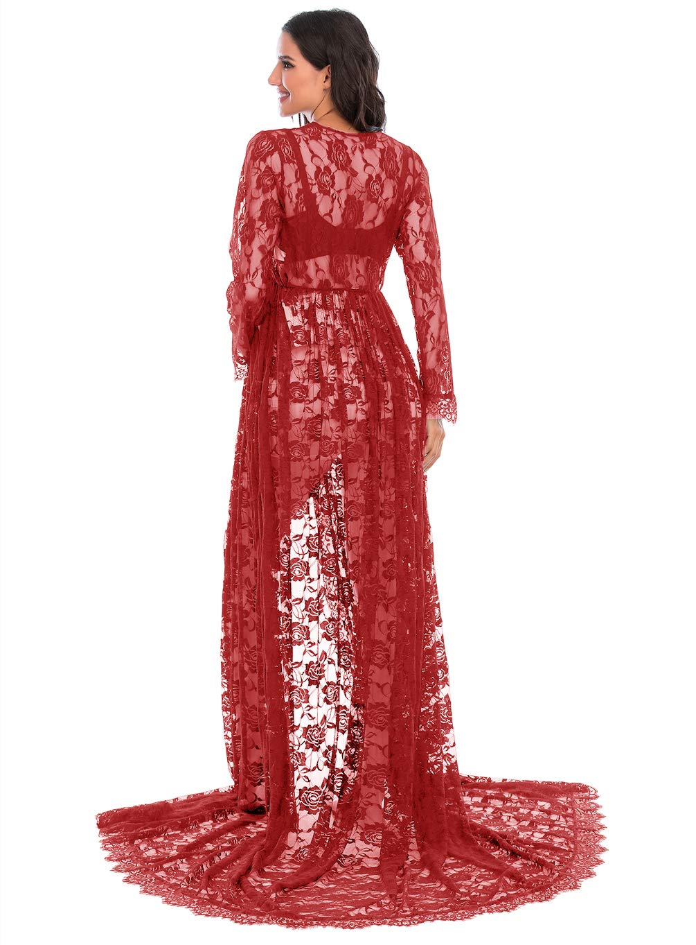 ZIUMUDY Maternity Deep V-Neck Split Front See-Through Maxi Lace Dress