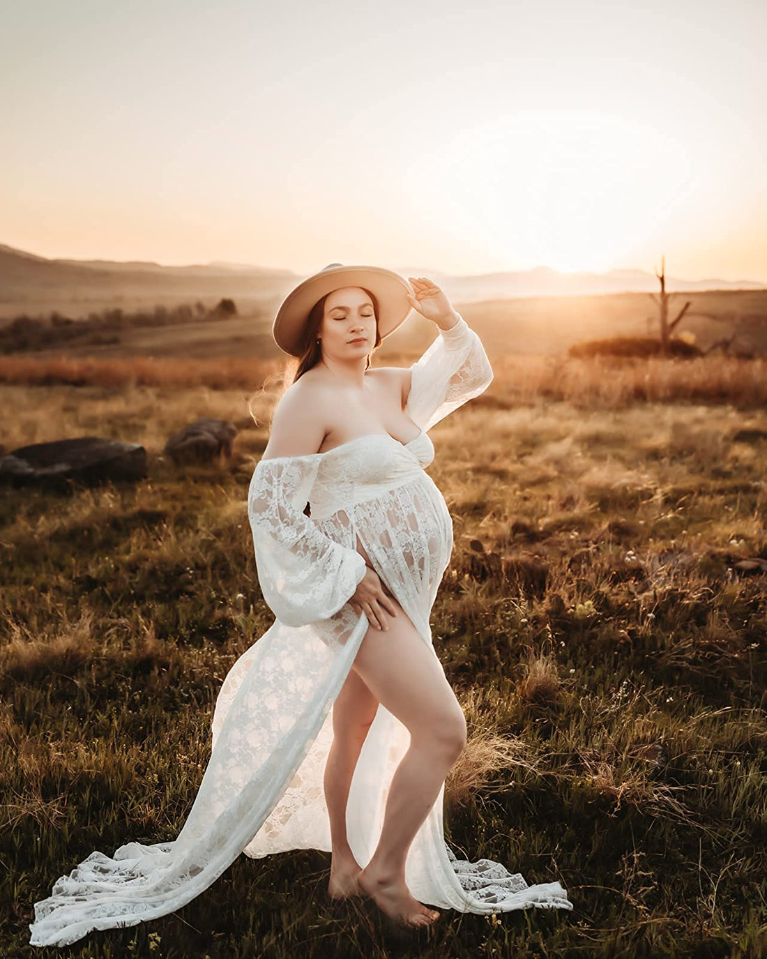 Saslax Lace Off Shoulder Doubly Split A-line Skirt Maternity Dress