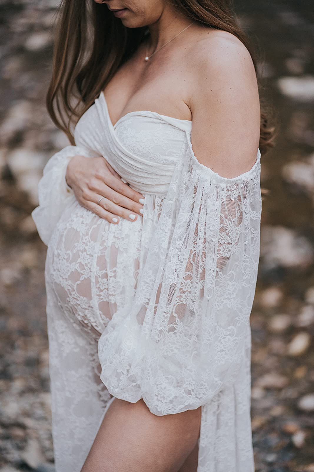 Saslax Lace Off Shoulder Doubly Split A-line Skirt Maternity Dress