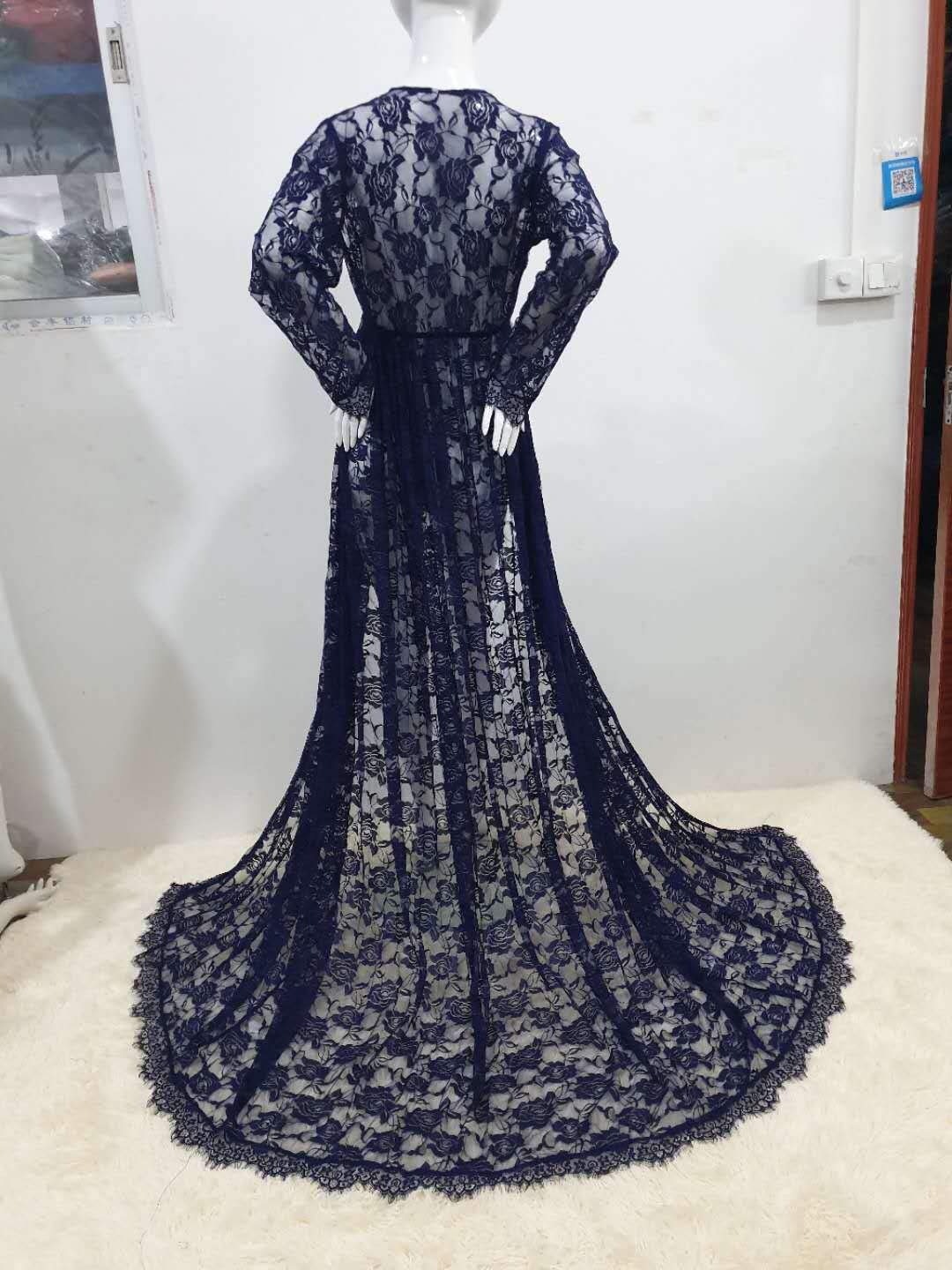 ZIUMUDY Maternity Deep V-Neck Split Front See-Through Maxi Lace Dress