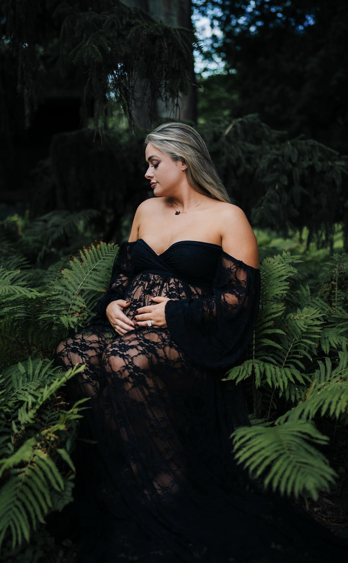 Saslax Lace Off Shoulder Doubly Split A-line Skirt Maternity Dress