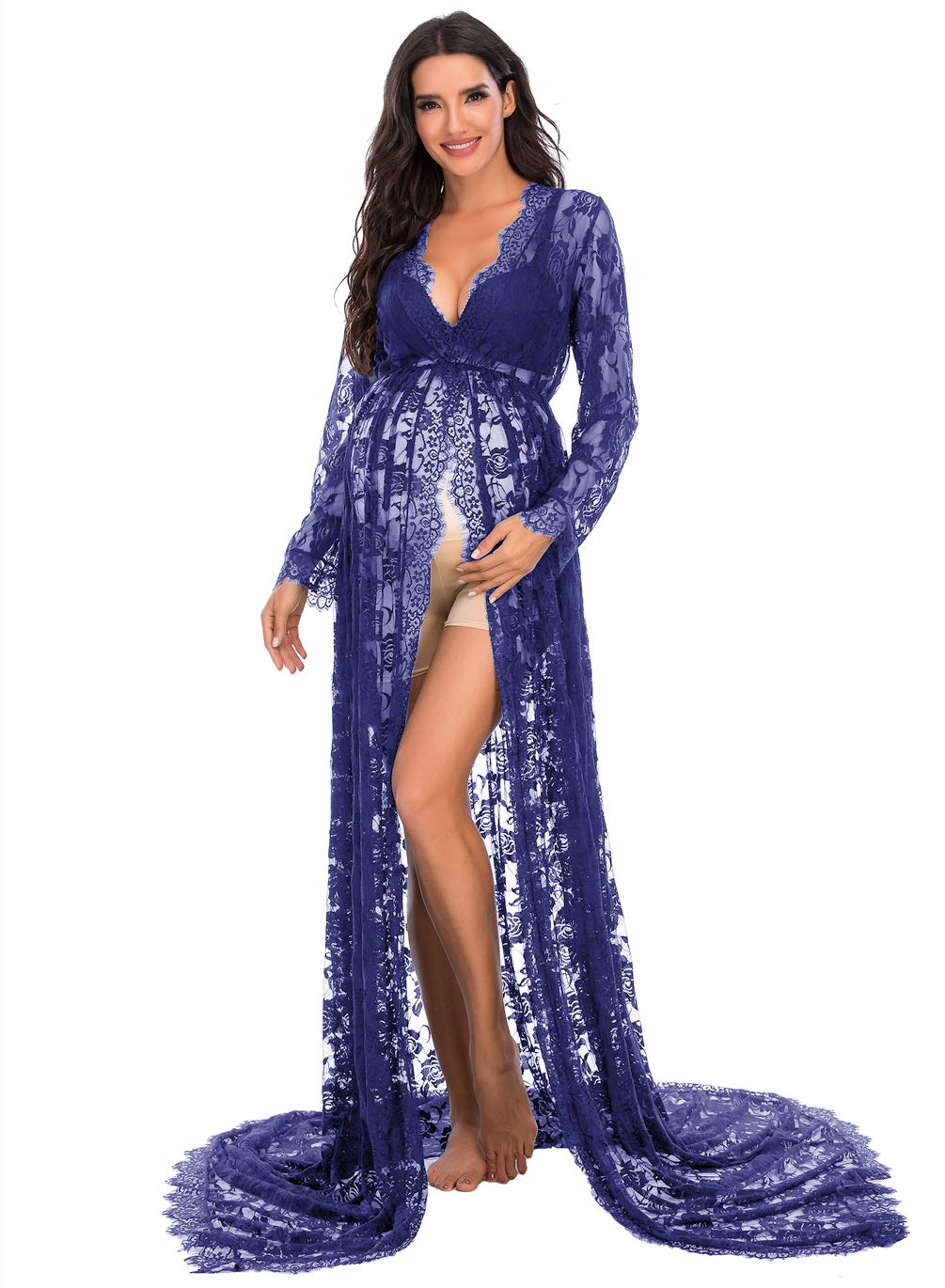 ZIUMUDY Maternity Deep V-Neck Split Front See-Through Maxi Lace Dress