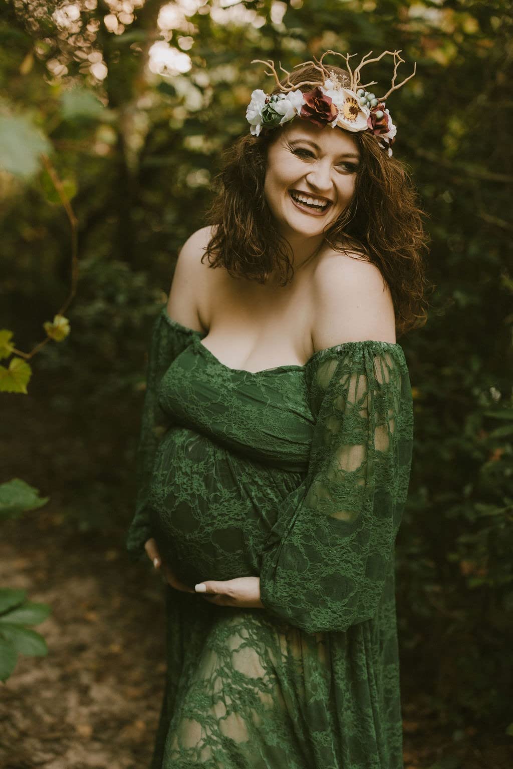 Saslax Lace Off Shoulder Doubly Split A-line Skirt Maternity Dress