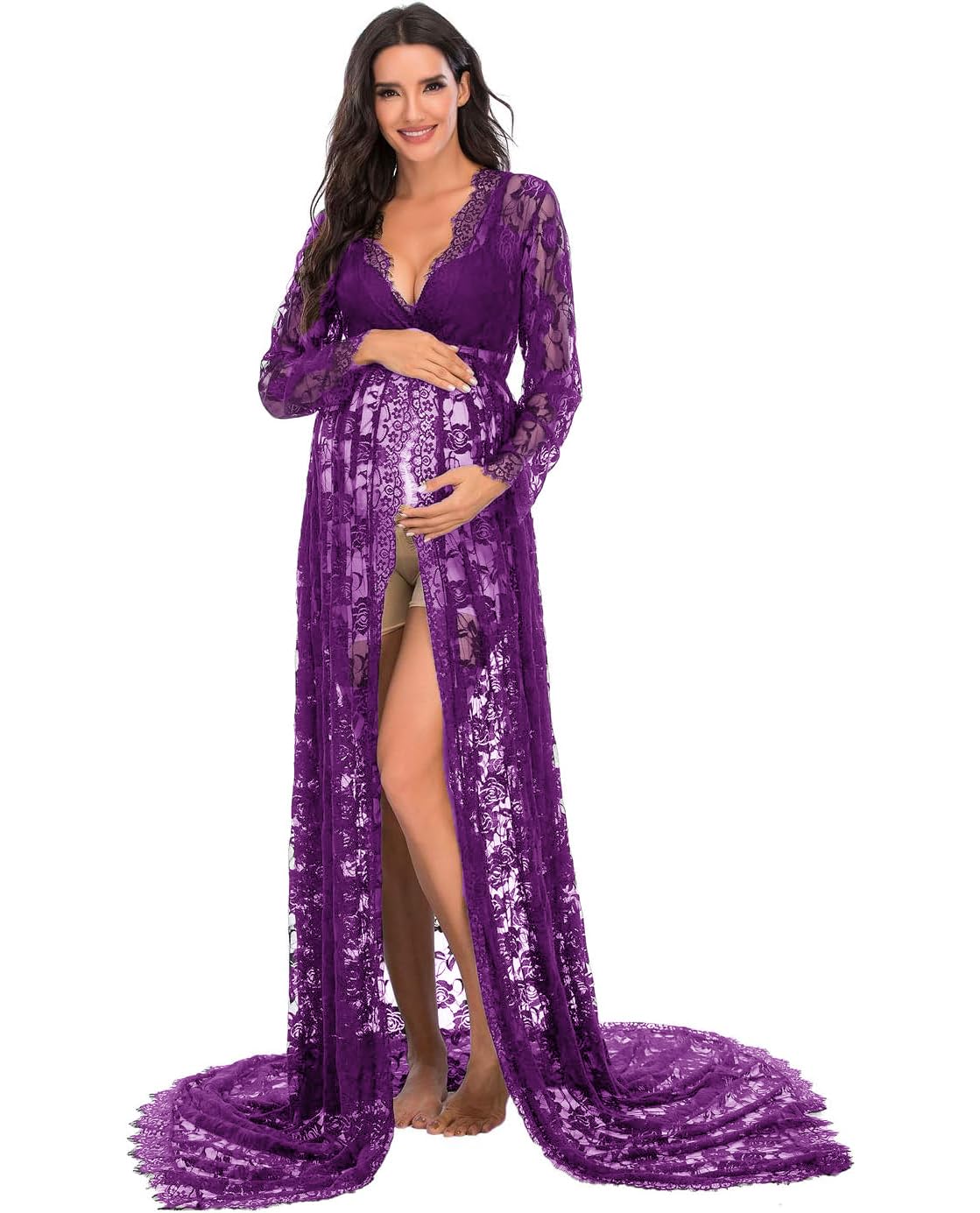 ZIUMUDY Maternity Deep V-Neck Split Front See-Through Maxi Lace Dress