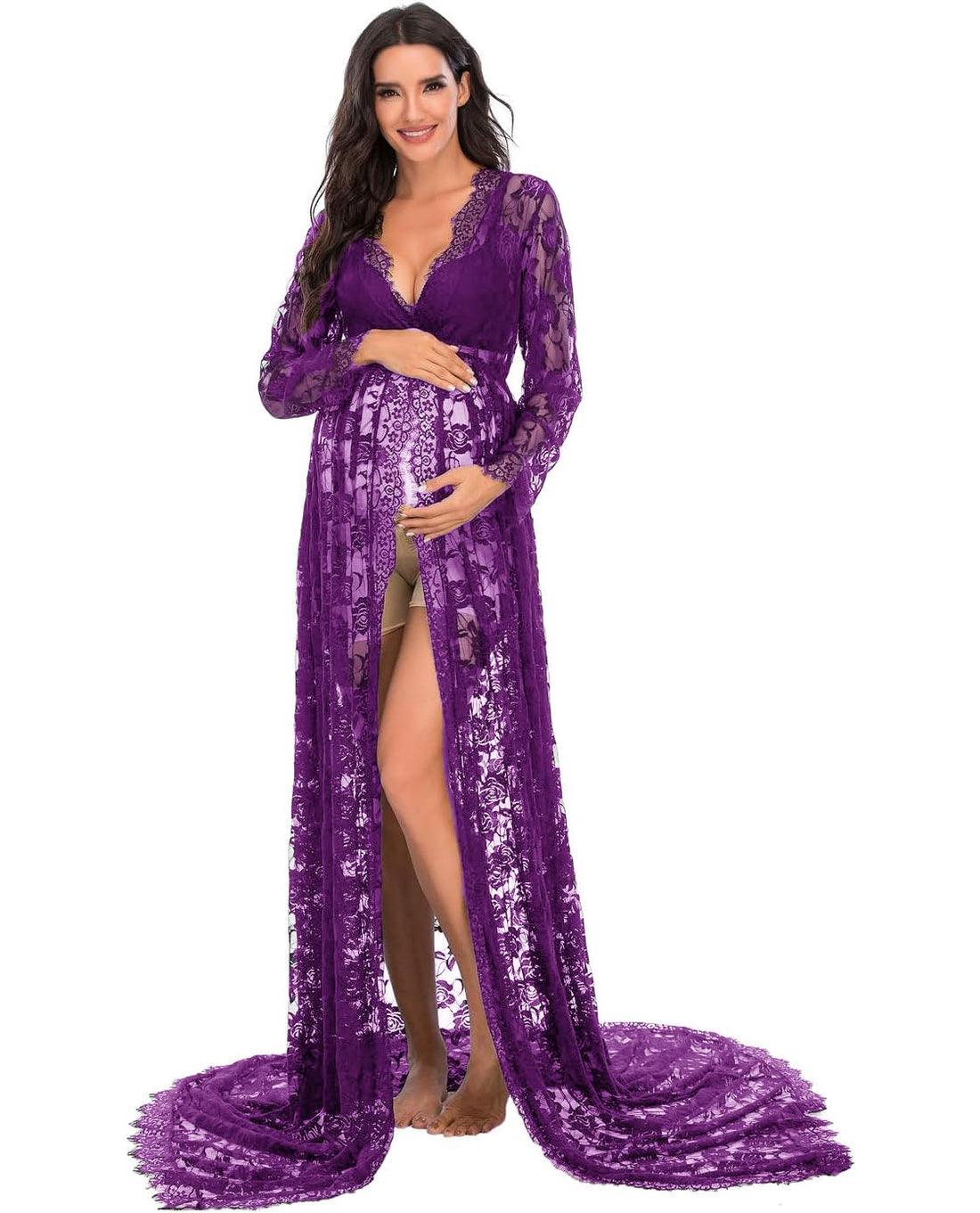 ZIUMUDY Maternity Deep V-Neck Split Front See-Through Maxi Lace Dress