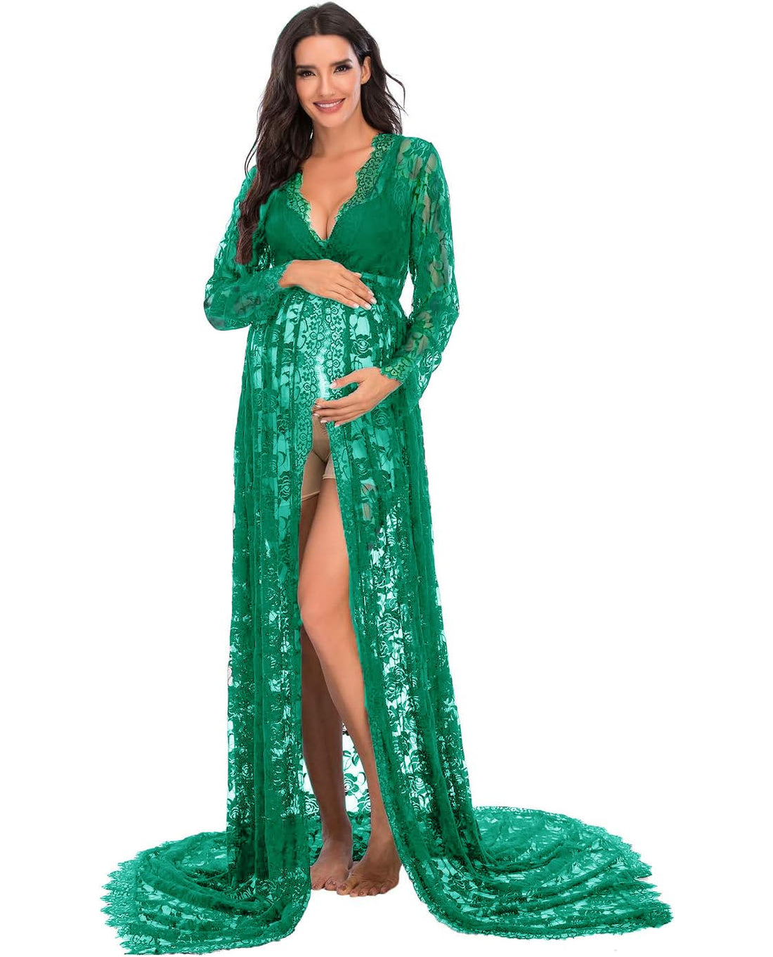 ZIUMUDY Maternity Deep V-Neck Split Front See-Through Maxi Lace Dress