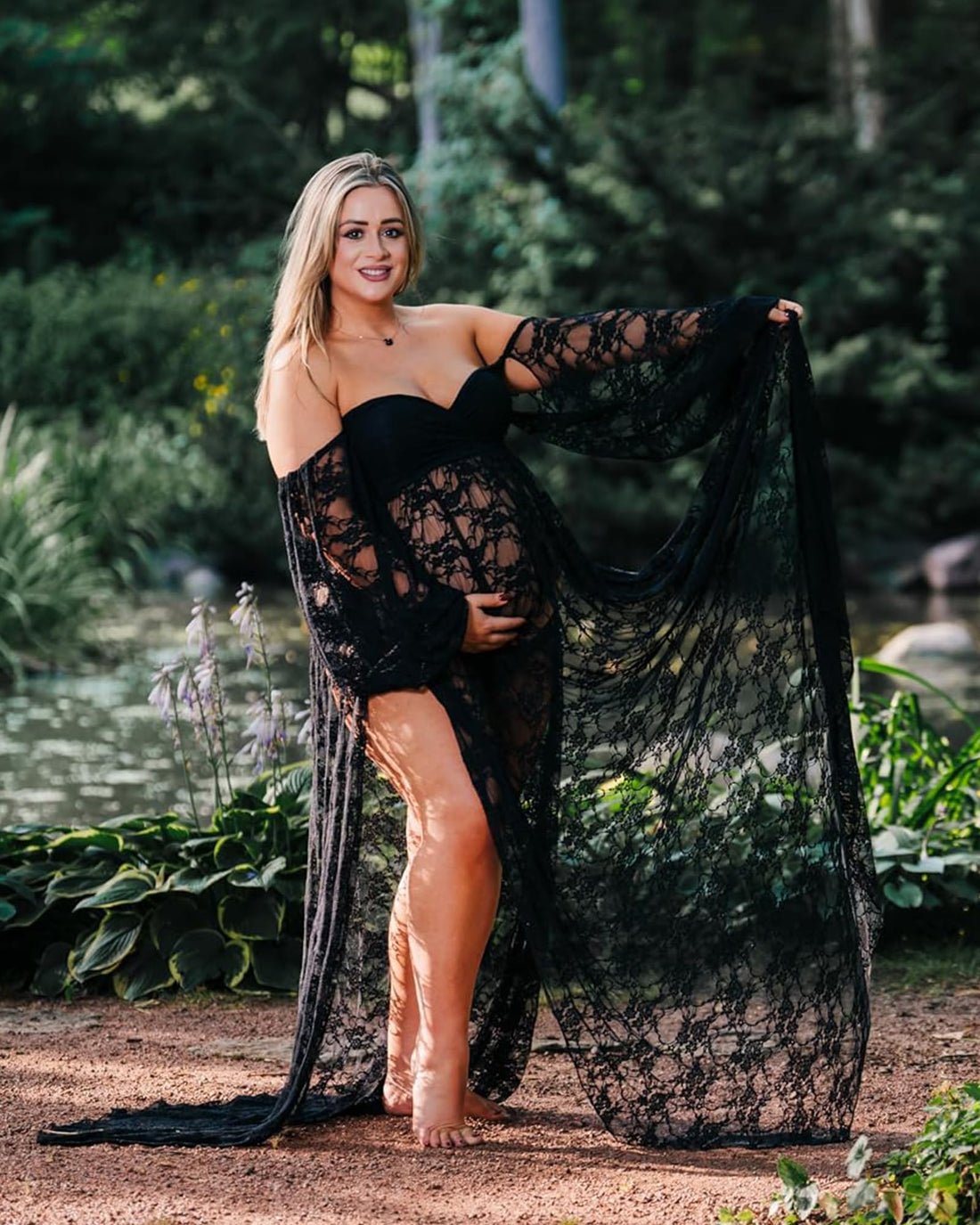 Saslax Lace Off Shoulder Doubly Split A-line Skirt Maternity Dress