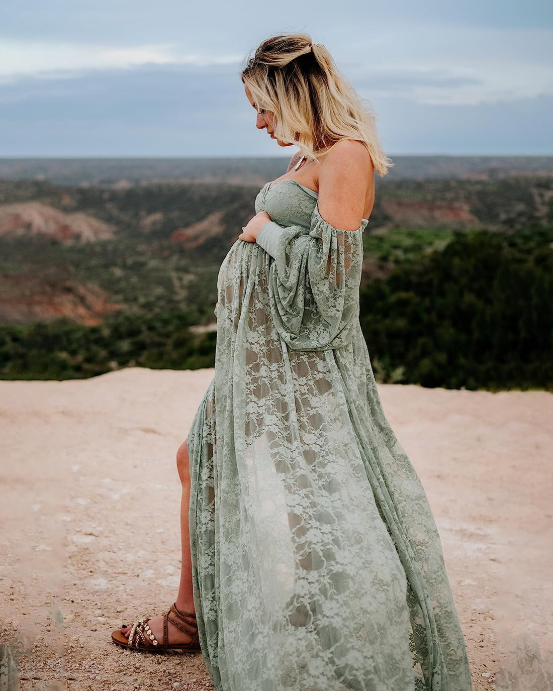 Saslax Lace Off Shoulder Doubly Split A-line Skirt Maternity Dress