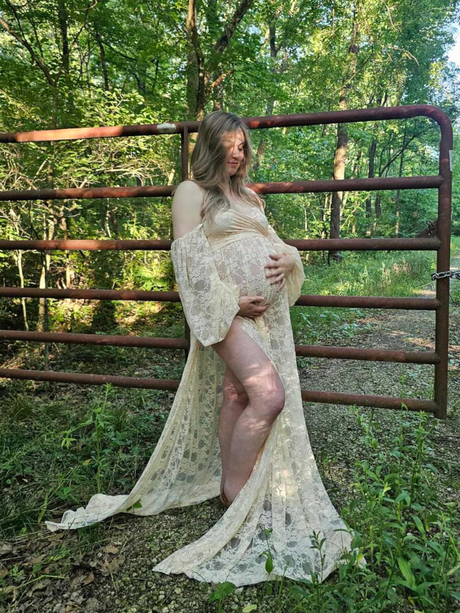 Saslax Lace Off Shoulder Doubly Split A-line Skirt Maternity Dress