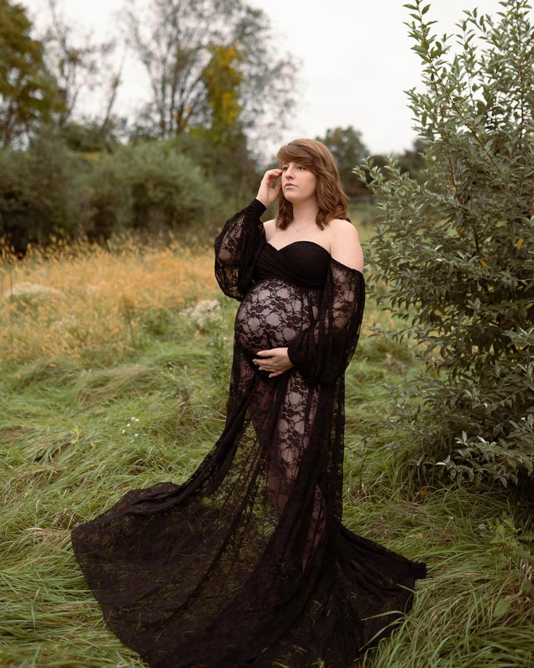 Saslax Lace Off Shoulder Doubly Split A-line Skirt Maternity Dress