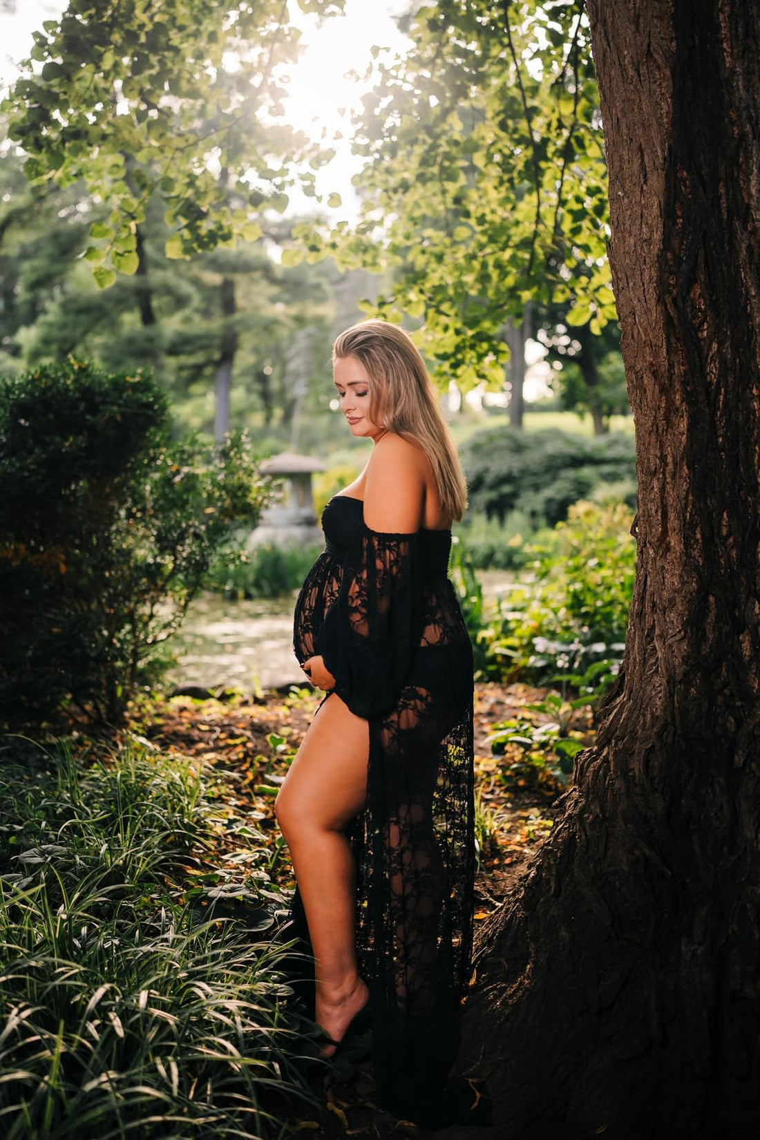 Saslax Lace Off Shoulder Doubly Split A-line Skirt Maternity Dress