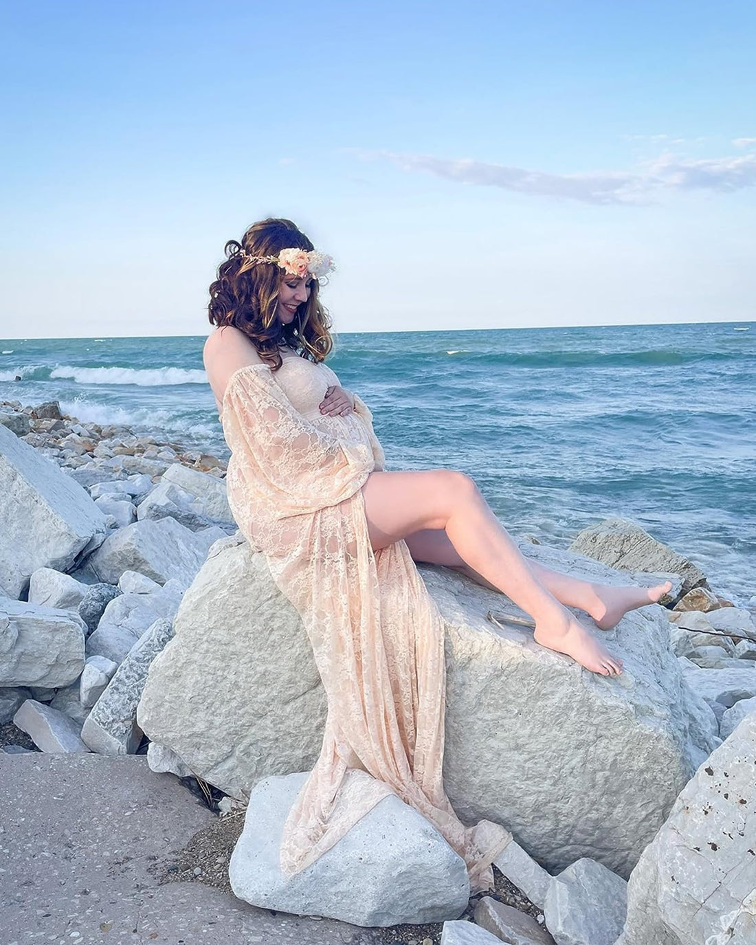 Saslax Lace Off Shoulder Doubly Split A-line Skirt Maternity Dress