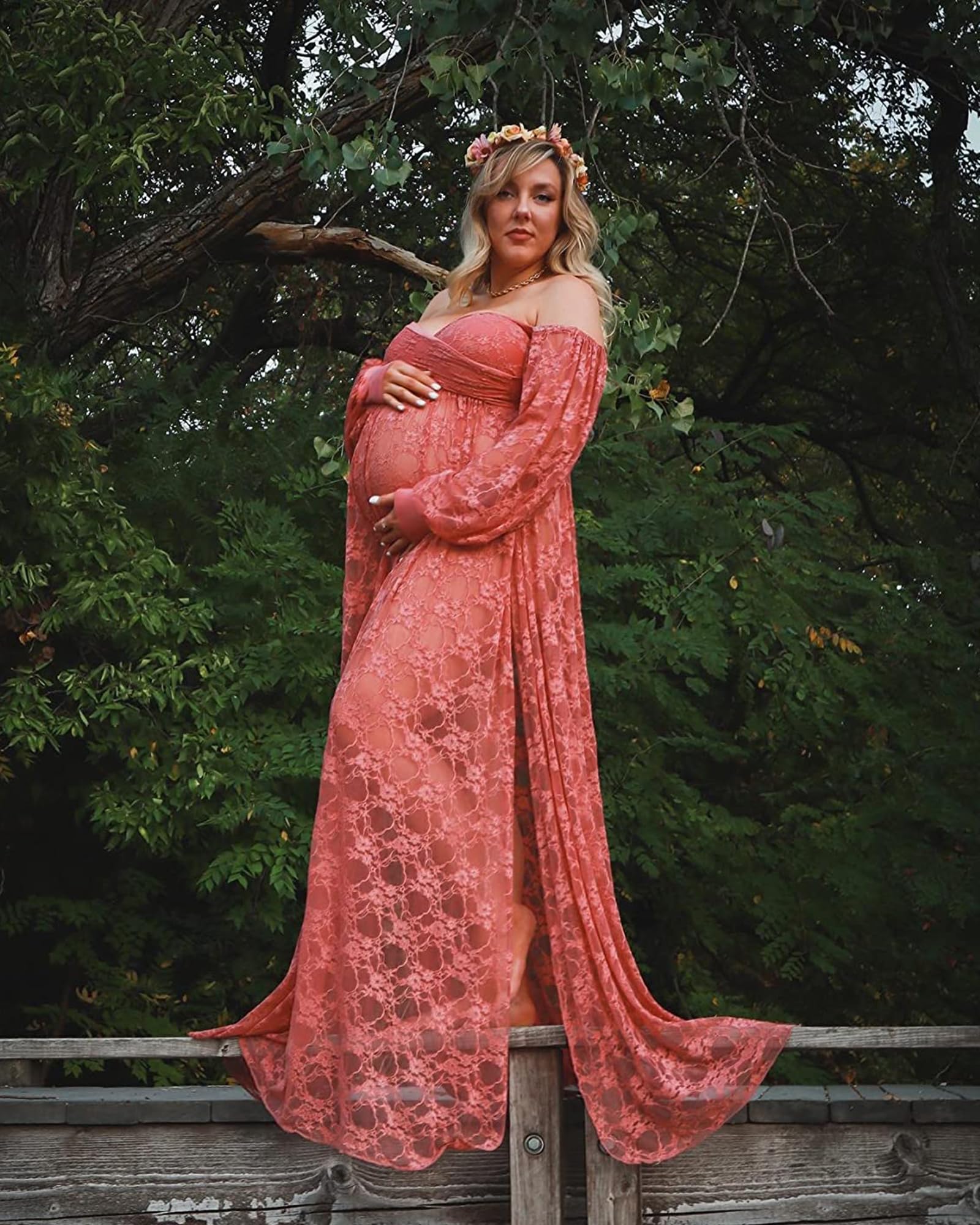 Saslax Lace Off Shoulder Doubly Split A-line Skirt Maternity Dress