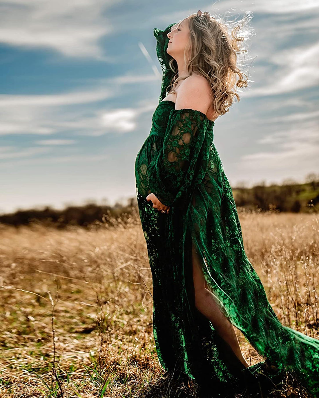 Saslax Lace Off Shoulder Doubly Split A-line Skirt Maternity Dress