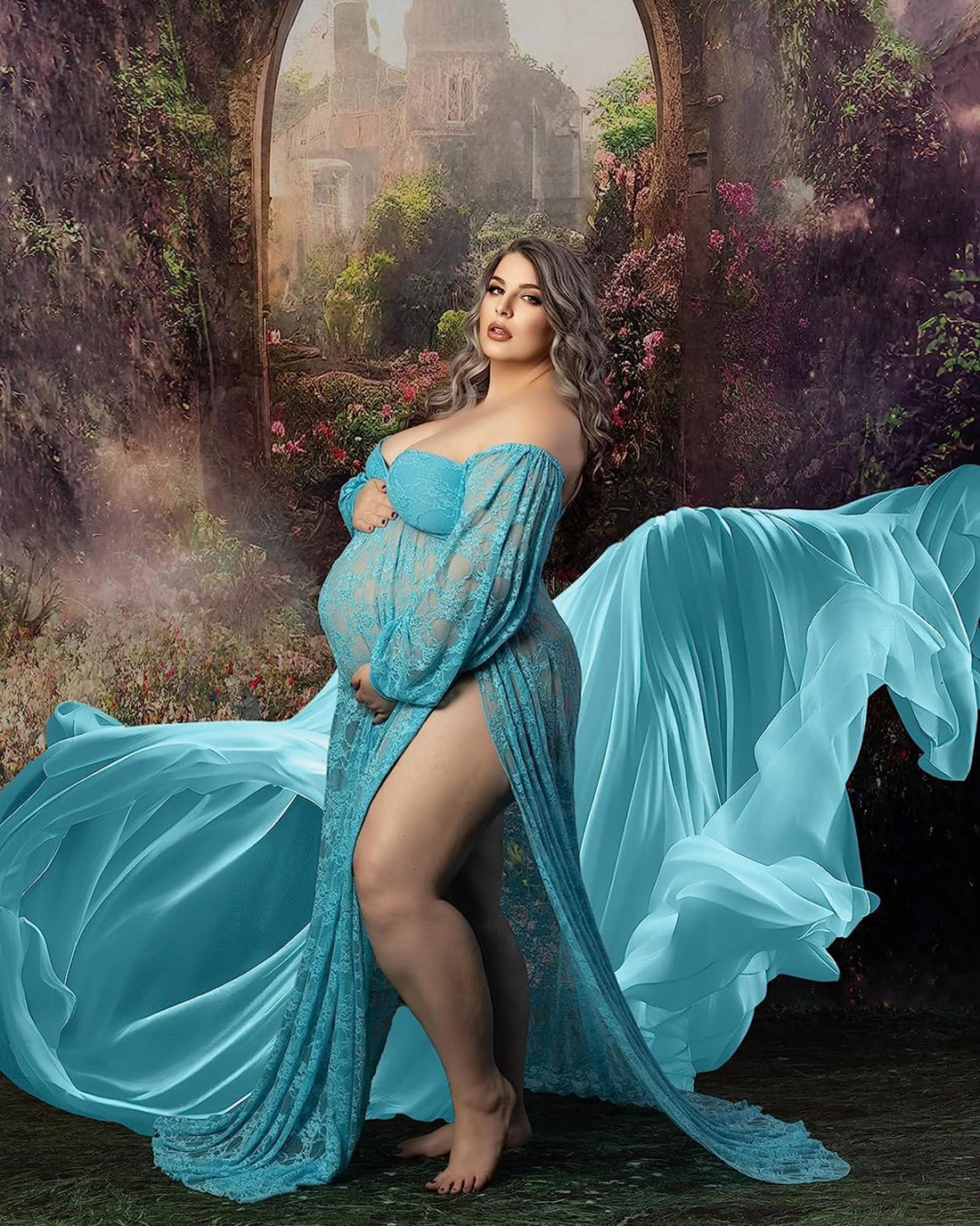 Saslax Lace Off Shoulder Doubly Split A-line Skirt Maternity Dress