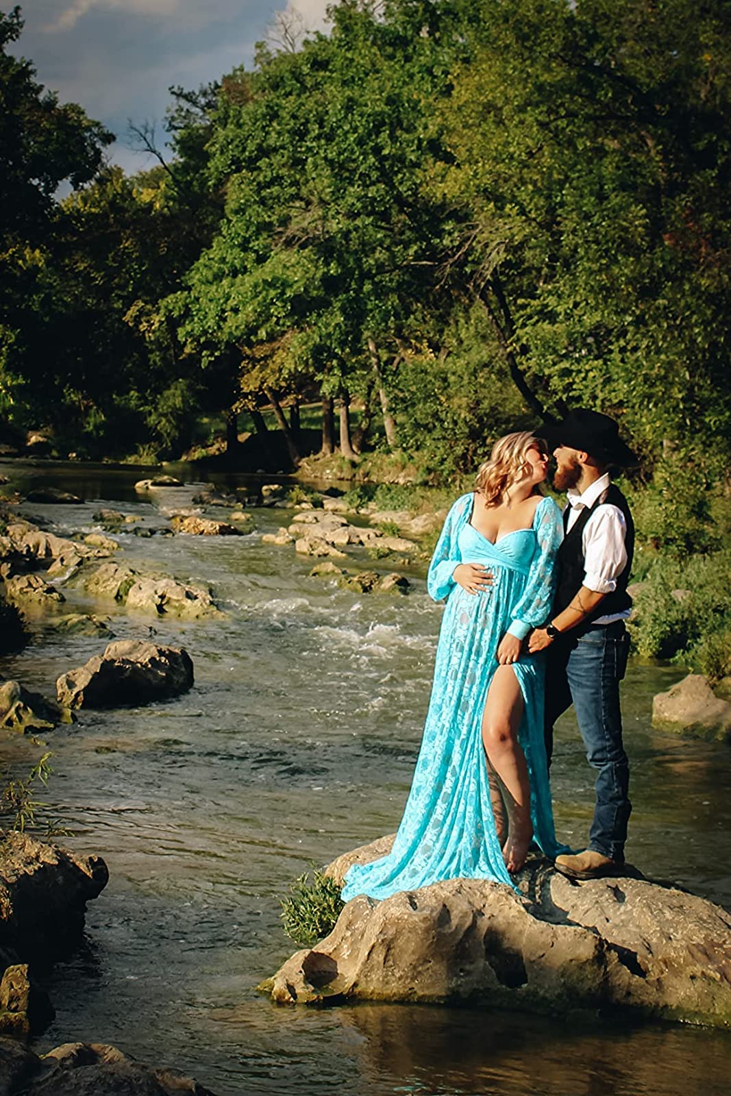 Saslax Lace Off Shoulder Doubly Split A-line Skirt Maternity Dress