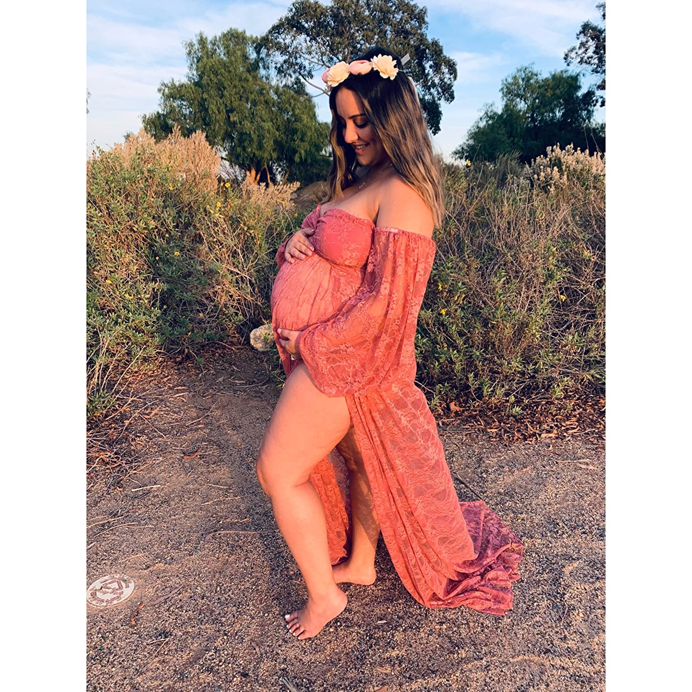 Saslax Lace Off Shoulder Doubly Split A-line Skirt Maternity Dress