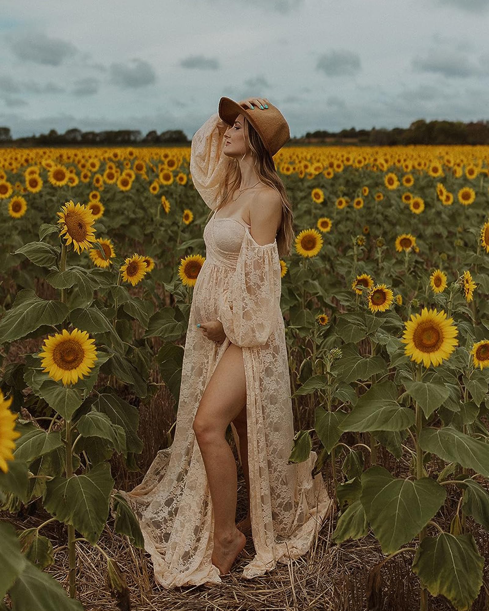 Saslax Lace Off Shoulder Doubly Split A-line Skirt Maternity Dress