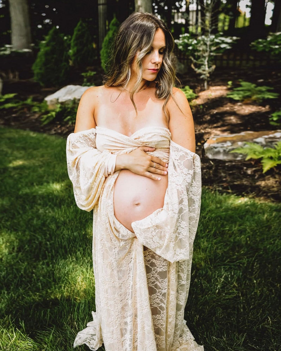 Saslax Lace Off Shoulder Doubly Split A-line Skirt Maternity Dress