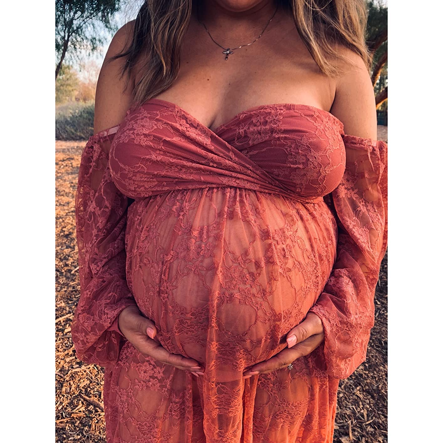 Saslax Lace Off Shoulder Doubly Split A-line Skirt Maternity Dress