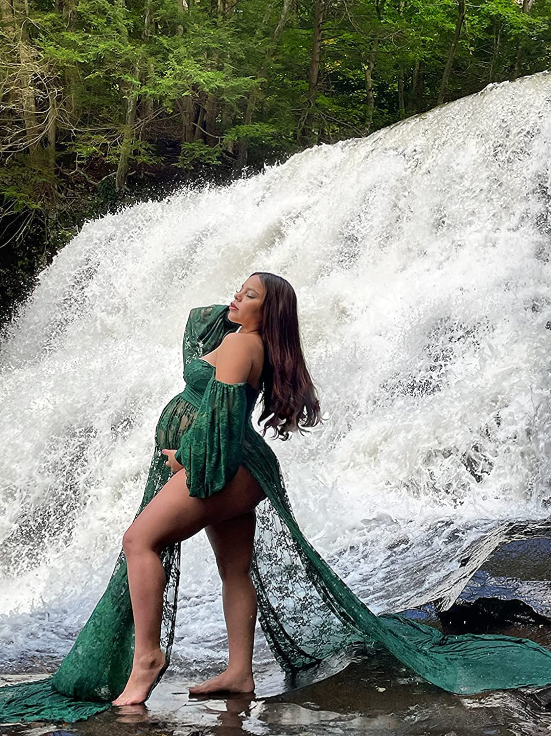 Saslax Lace Off Shoulder Doubly Split A-line Skirt Maternity Dress