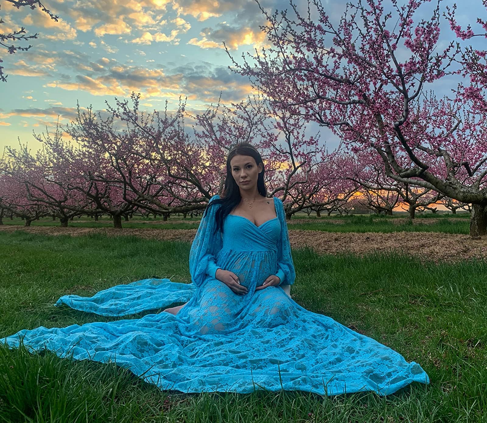 Saslax Lace Off Shoulder Doubly Split A-line Skirt Maternity Dress