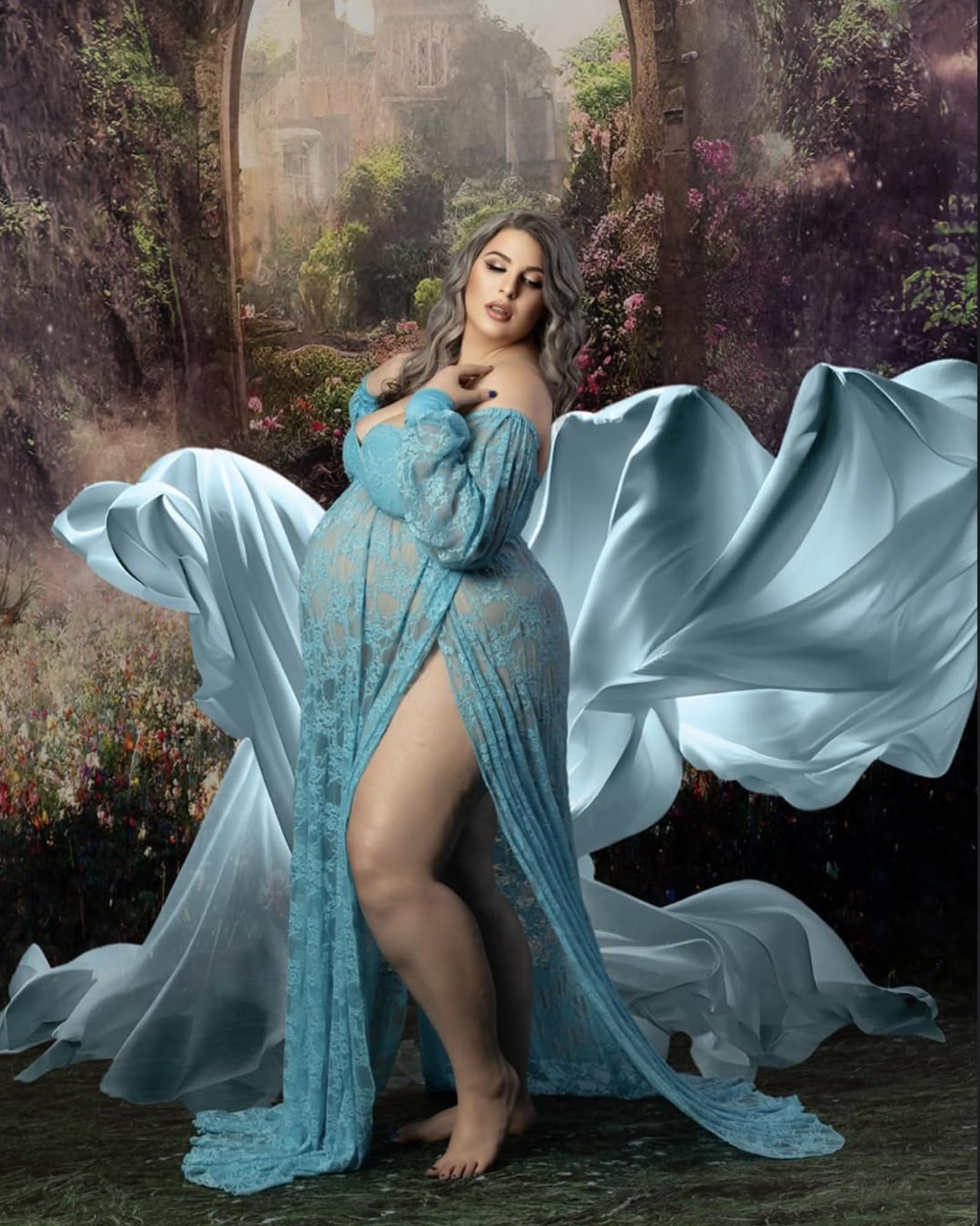 Saslax Lace Off Shoulder Doubly Split A-line Skirt Maternity Dress