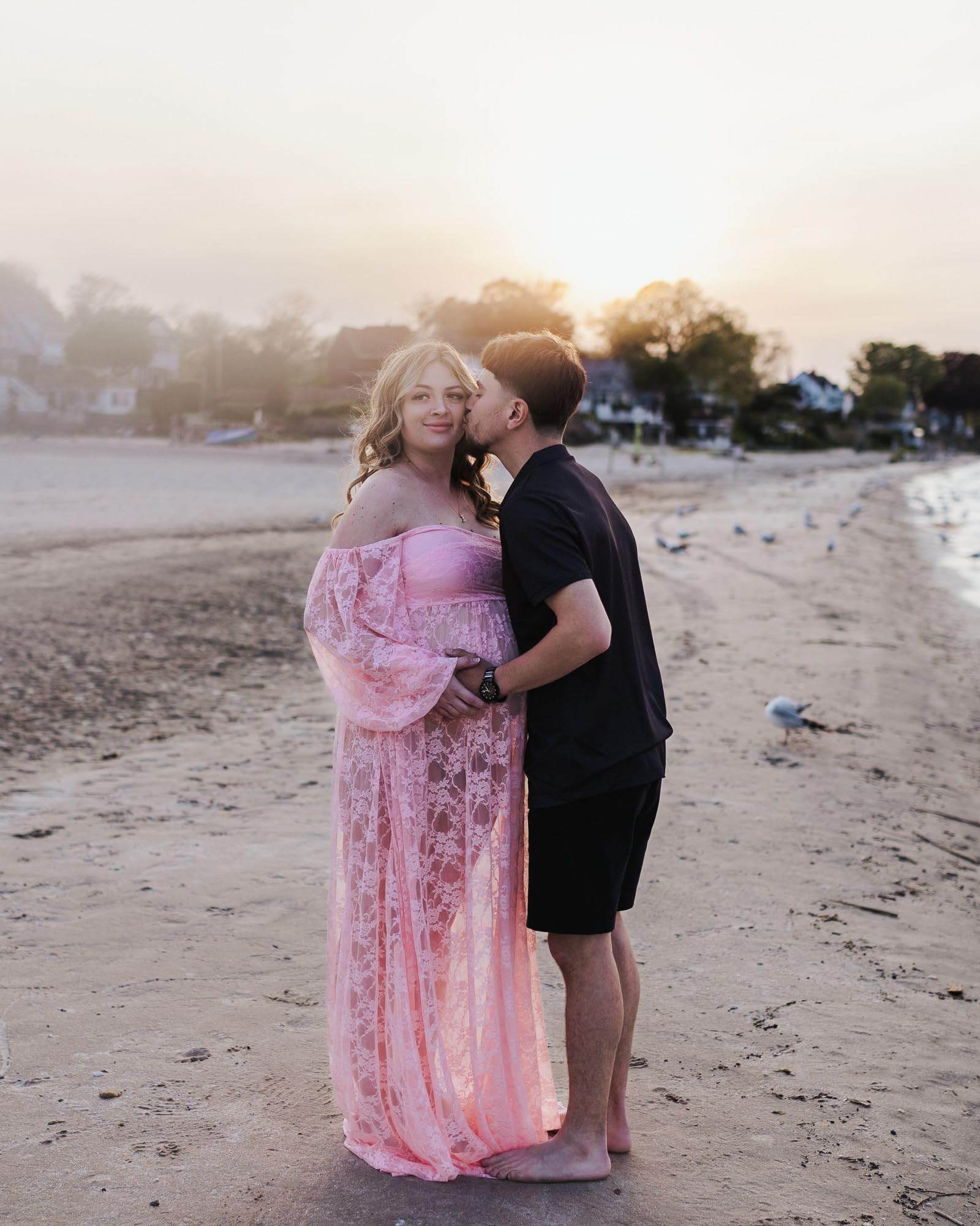 Saslax Lace Off Shoulder Doubly Split A-line Skirt Maternity Dress