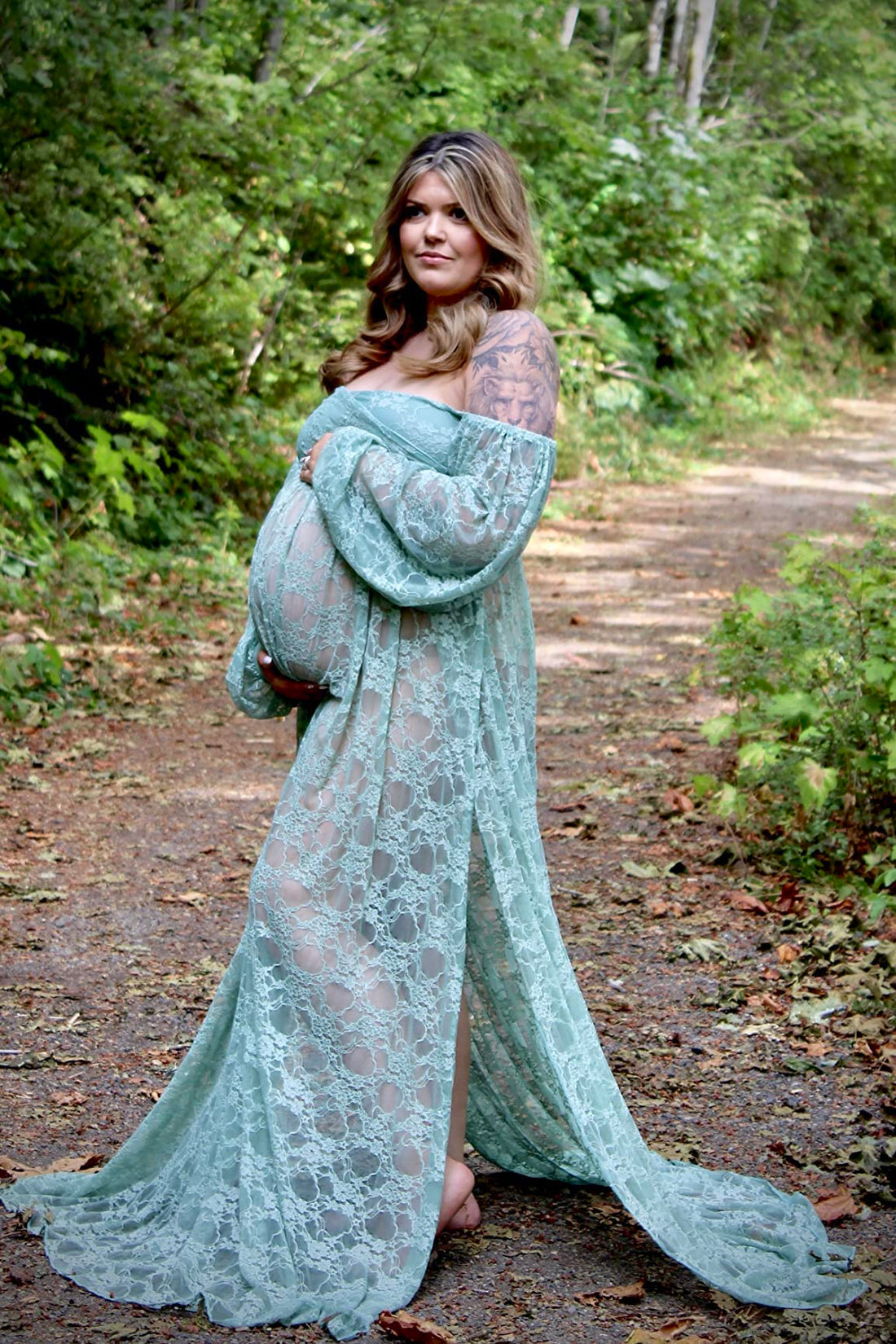 Saslax Lace Off Shoulder Doubly Split A-line Skirt Maternity Dress