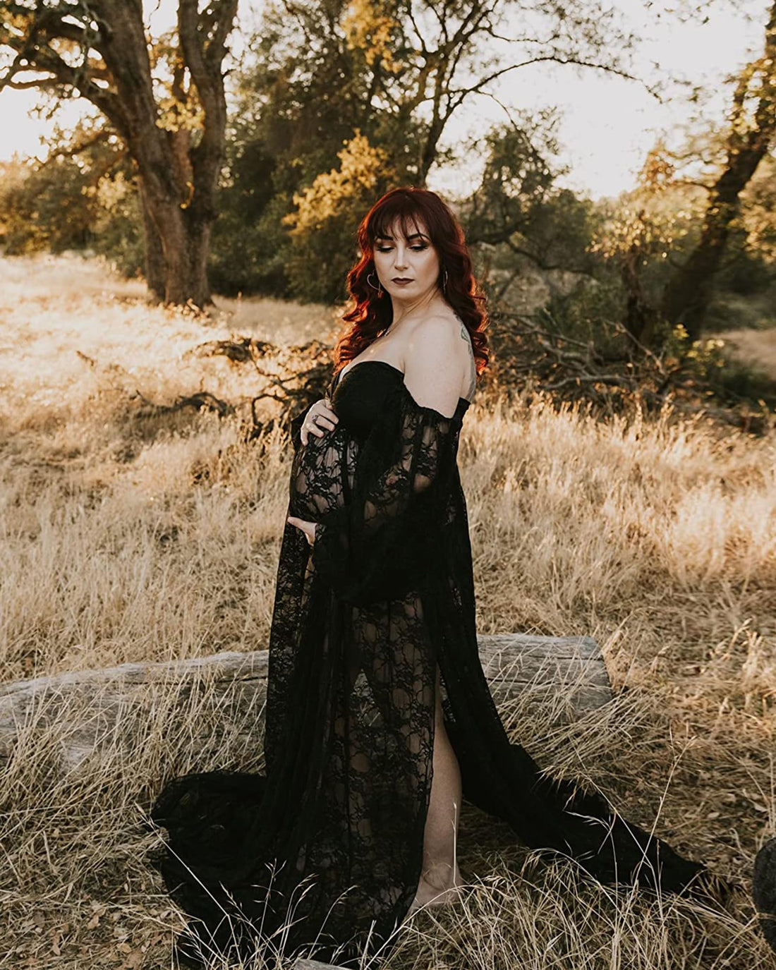 Saslax Lace Off Shoulder Doubly Split A-line Skirt Maternity Dress