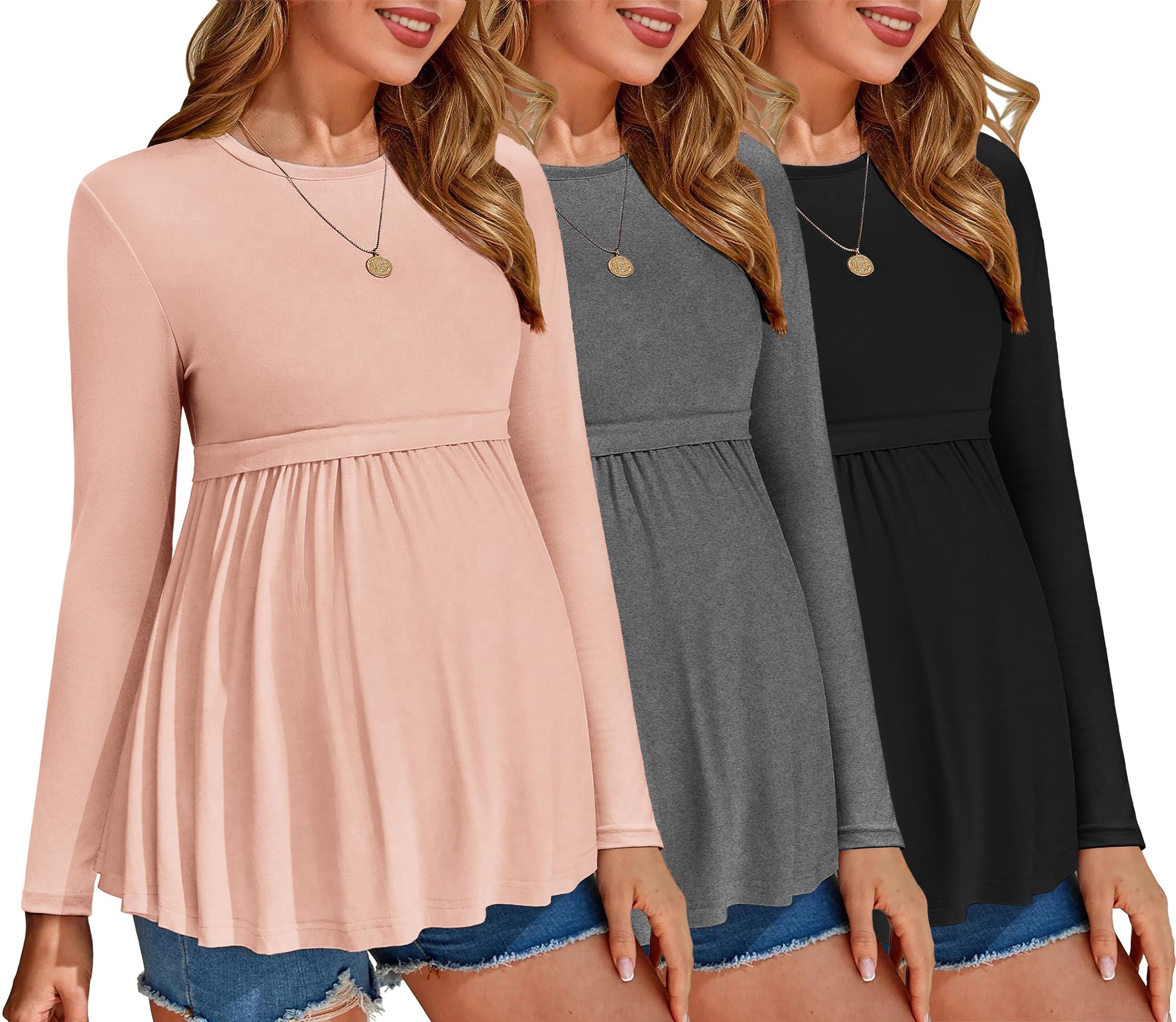 Ekouaer Maternity Shirts 3 Packs Tunic Long Sleeve Tops