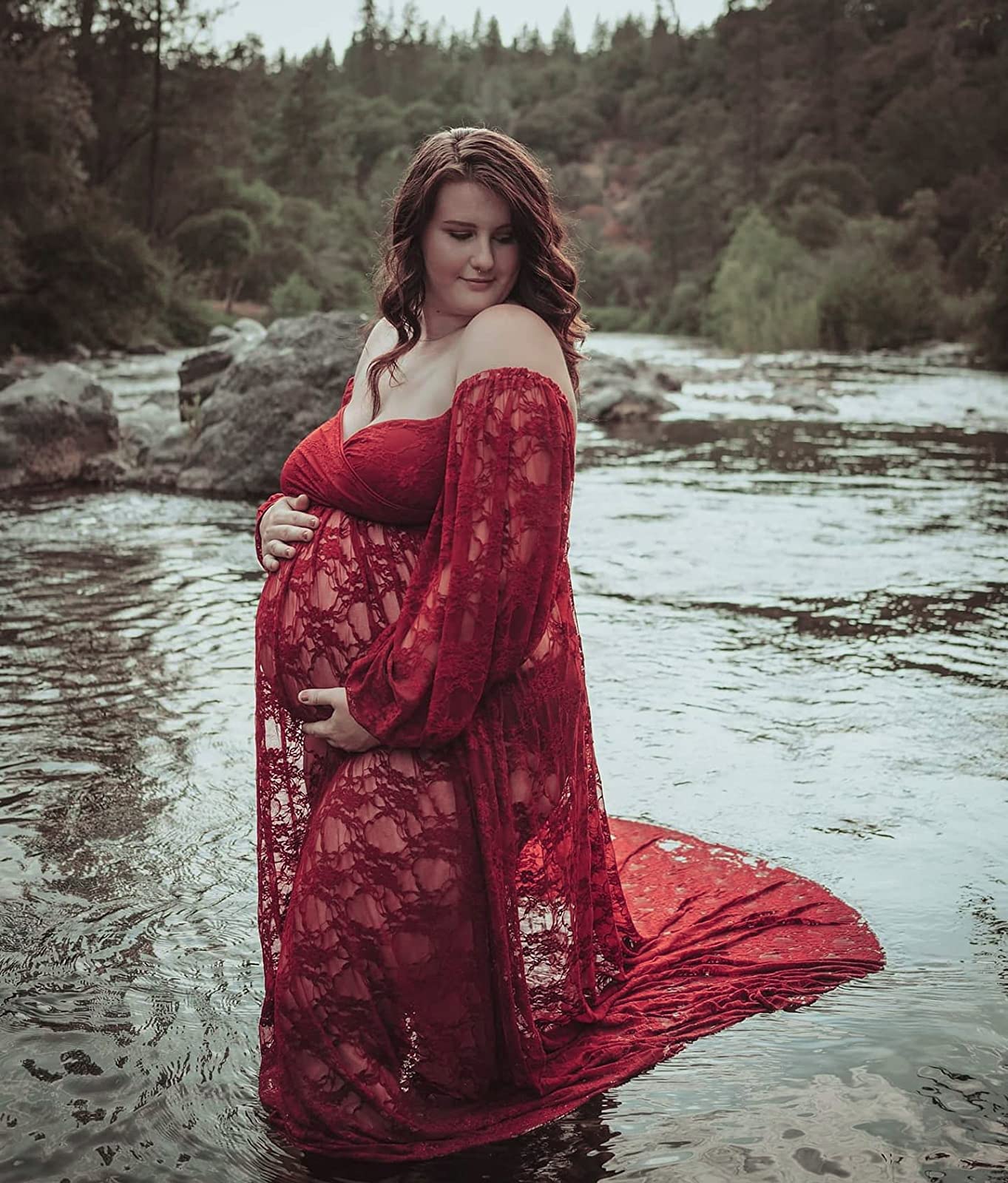 Saslax Lace Off Shoulder Doubly Split A-line Skirt Maternity Dress