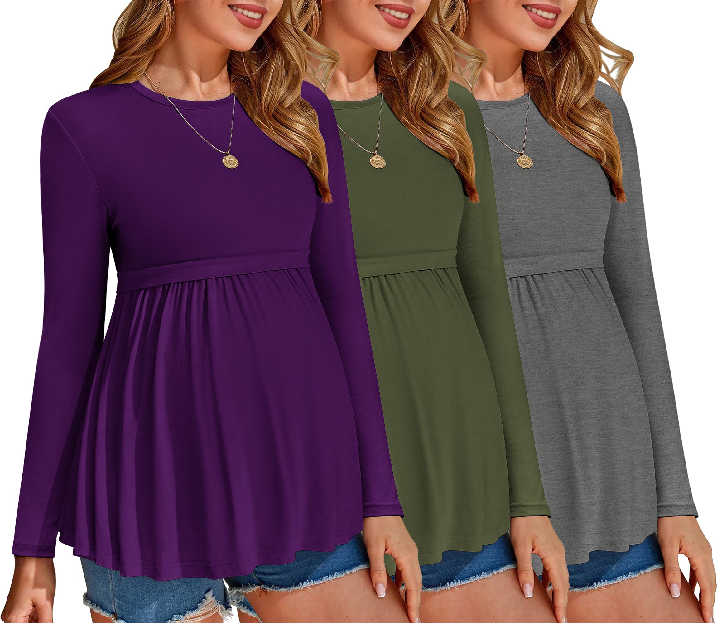 Ekouaer Maternity Shirts 3 Packs Tunic Long Sleeve Tops