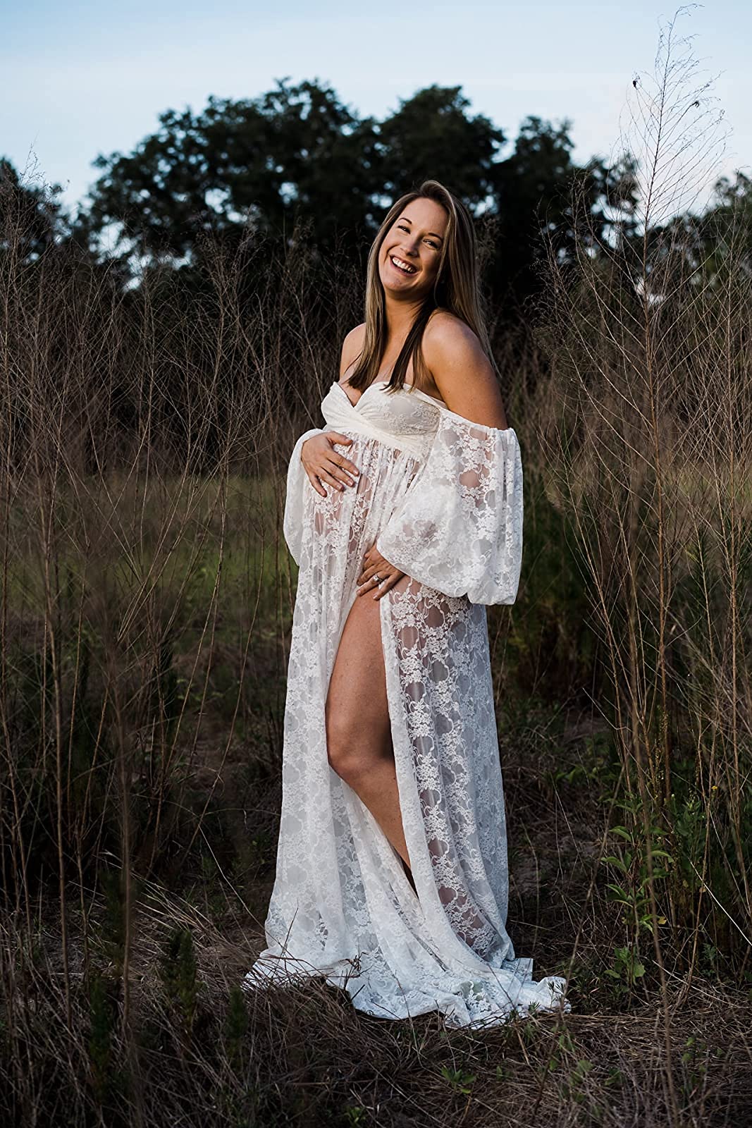 Saslax Lace Off Shoulder Doubly Split A-line Skirt Maternity Dress