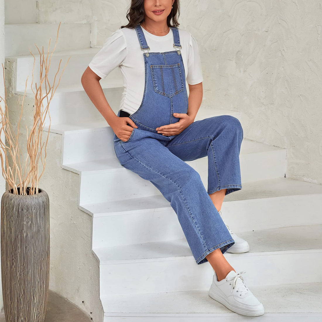 MOMOOD Maternity Overalls Bib Straight Leg Ankle Length