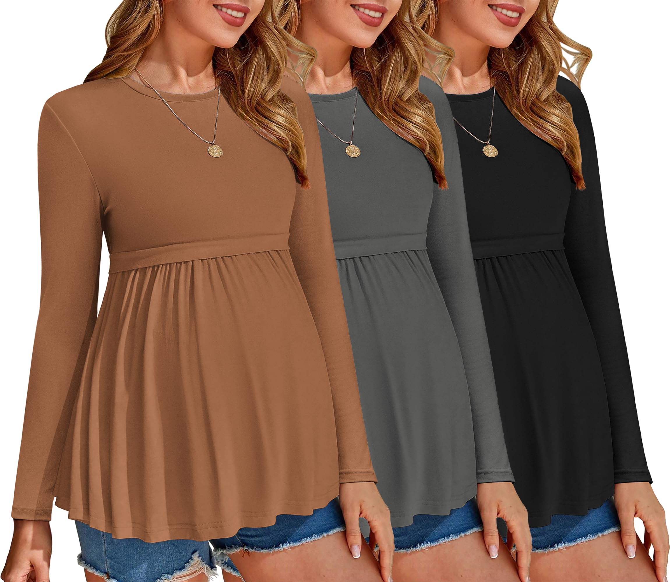 Ekouaer Maternity Shirts 3 Packs Tunic Long Sleeve Tops