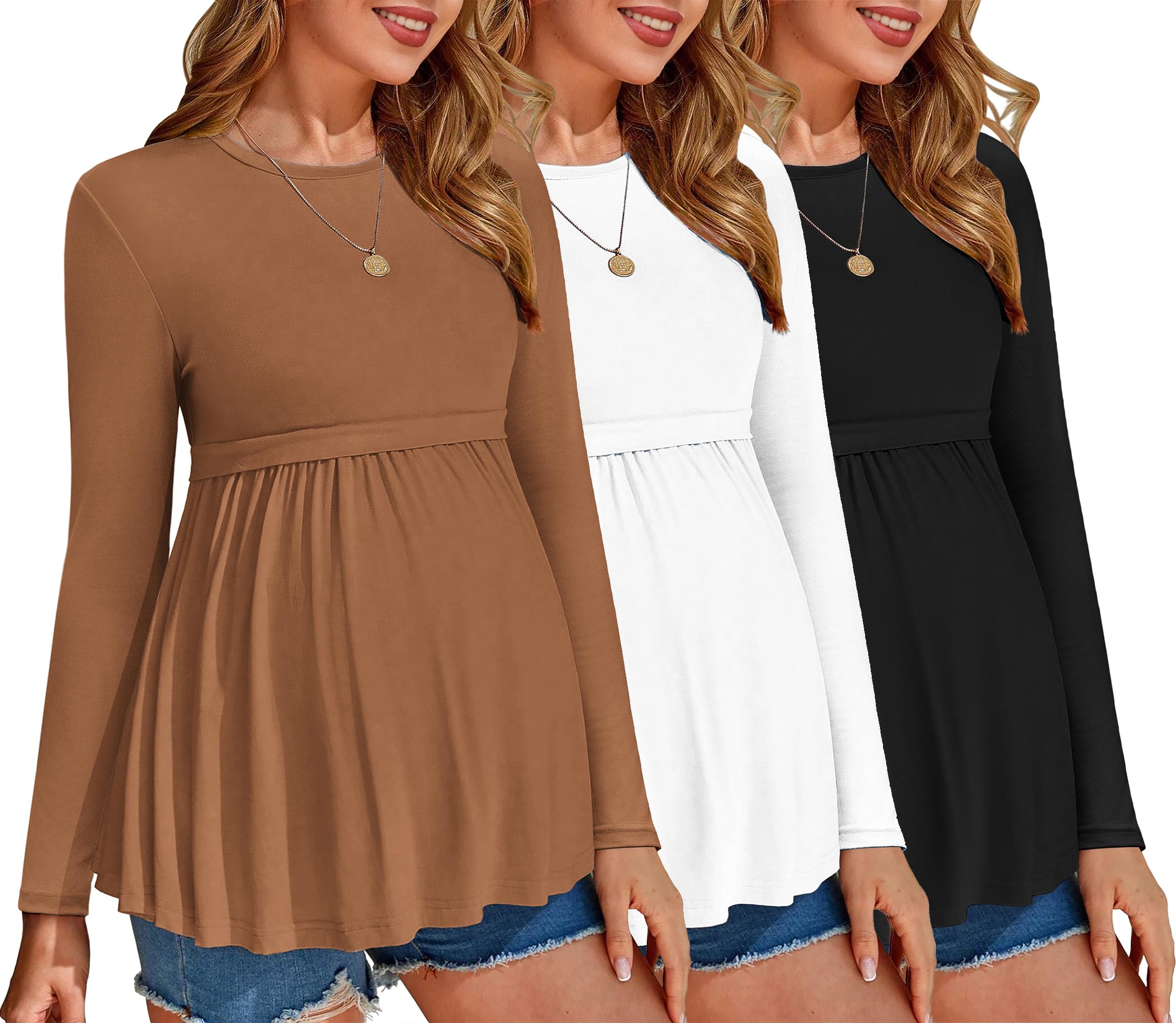 Ekouaer Maternity Shirts 3 Packs Tunic Long Sleeve Tops